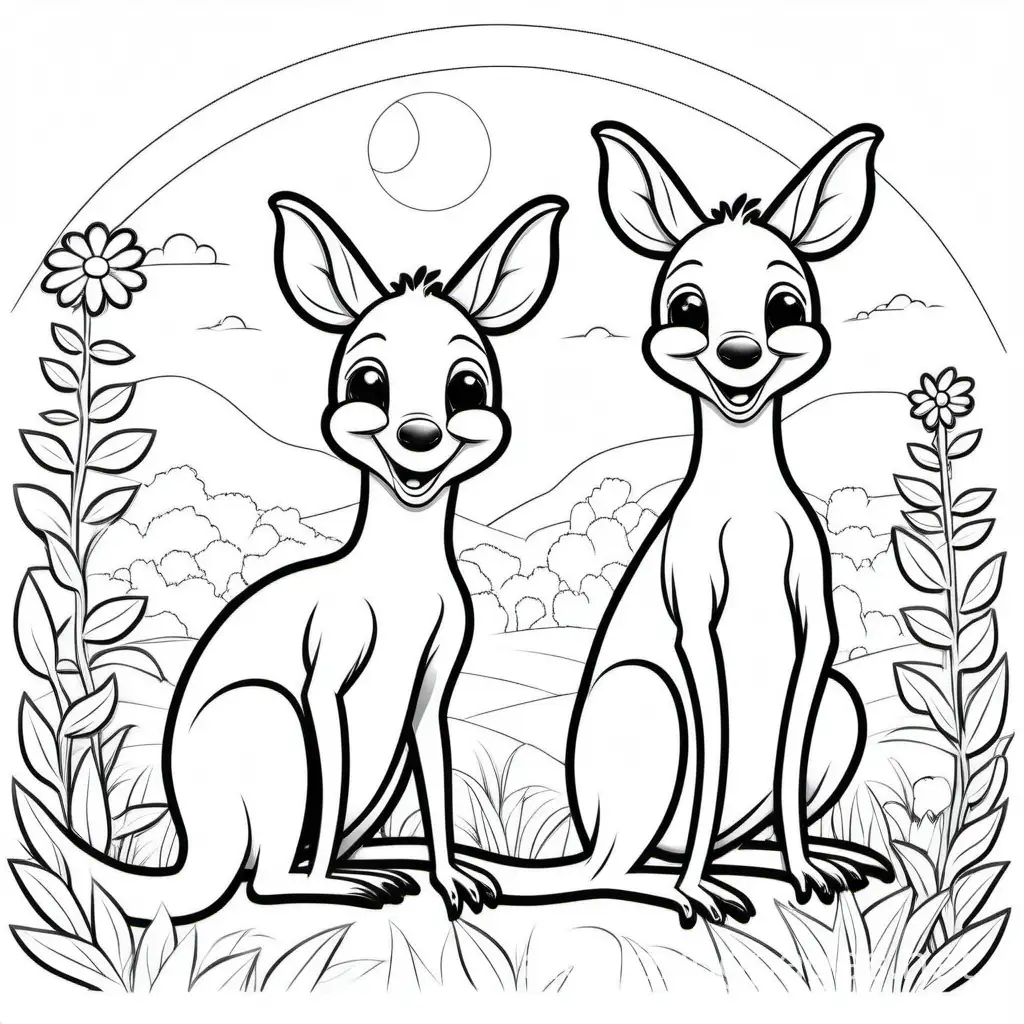 Smiley-Kangaroos-and-Pretty-Flowers-Coloring-Page-at-Sunset
