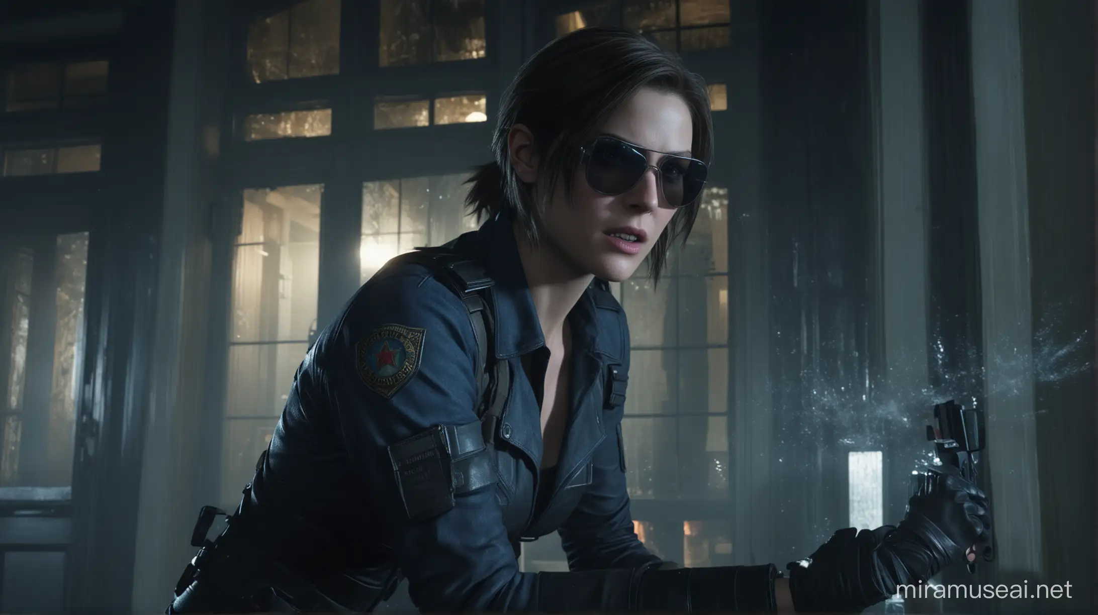 cinematic still, resident evil, jill valentine pushing man with sunglasses through a window, mansion exterior, smashed glass, night, fog