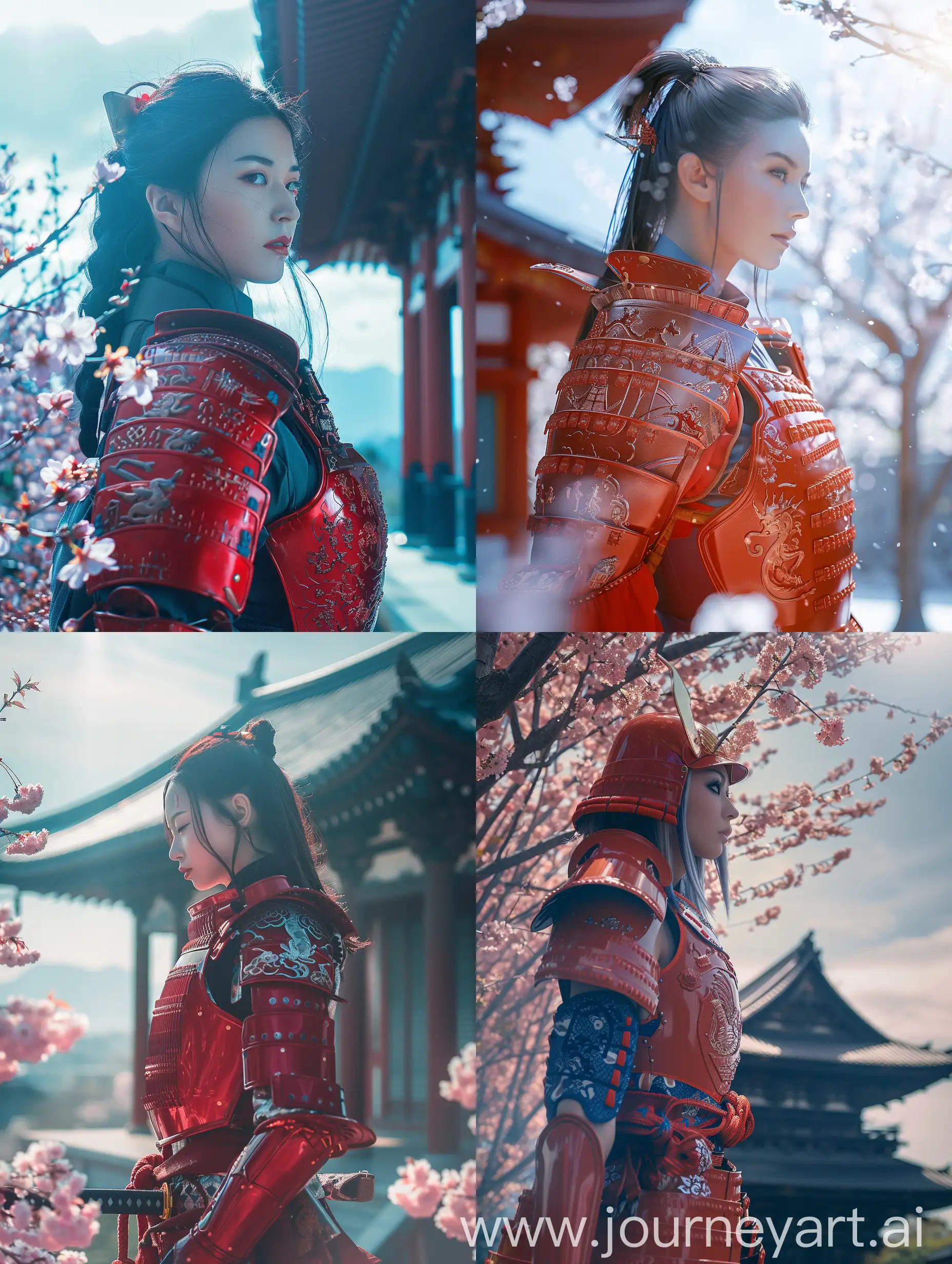 Character: A stunning female samurai warrior in bright Red armor that shows elegance and strength.
Environment: Studio cherry blossom trees
Background: A Side view of a simple but beautiful Japanese temple.
Style: A rich fashion shoot blending the classic samurai look with a modern twist.
Photography Type: A cinematic shoot that brings out the character of the Red-armored samurai.
Theme: A shoot that combines old and new, centered on the black-armored samurai.
Visual Filters: Enhanced with a Fashion Film Look-Up Table (LUT) for a richer look.
Camera Effects: Soft blur, haze, and natural light to bring out the blue of the armor.
Time: Set in a quiet Cloudy sky for a peaceful atmosphere.
Resolution: High resolution to capture every detail.
Key Element: The main focus is the bright light Red armor, detailed to catch the light and stand out against the temple.
Details: The armor is detailed with traditional Japanese designs and scenes from samurai stories. It shines in the Sun light, showing off the skill of the people who made it. The shape of the armor is highlighted, creating a beautiful image that brings out the spirit of the samurai.