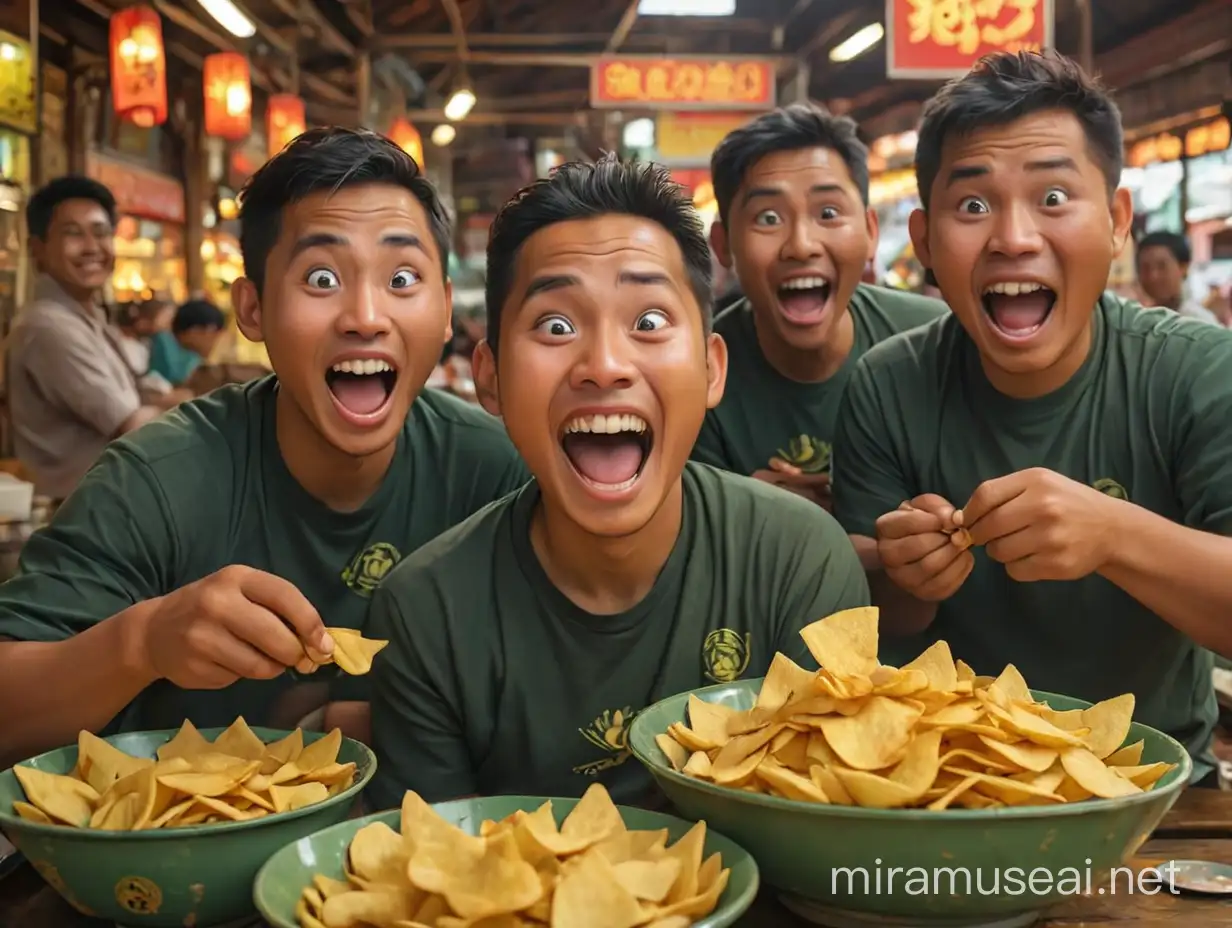 The facial expression that expresses satisfaction while enjoying SamKong chips. They must very happy, brave and look very spicy. They should in the middle of Indonesian traditional market
