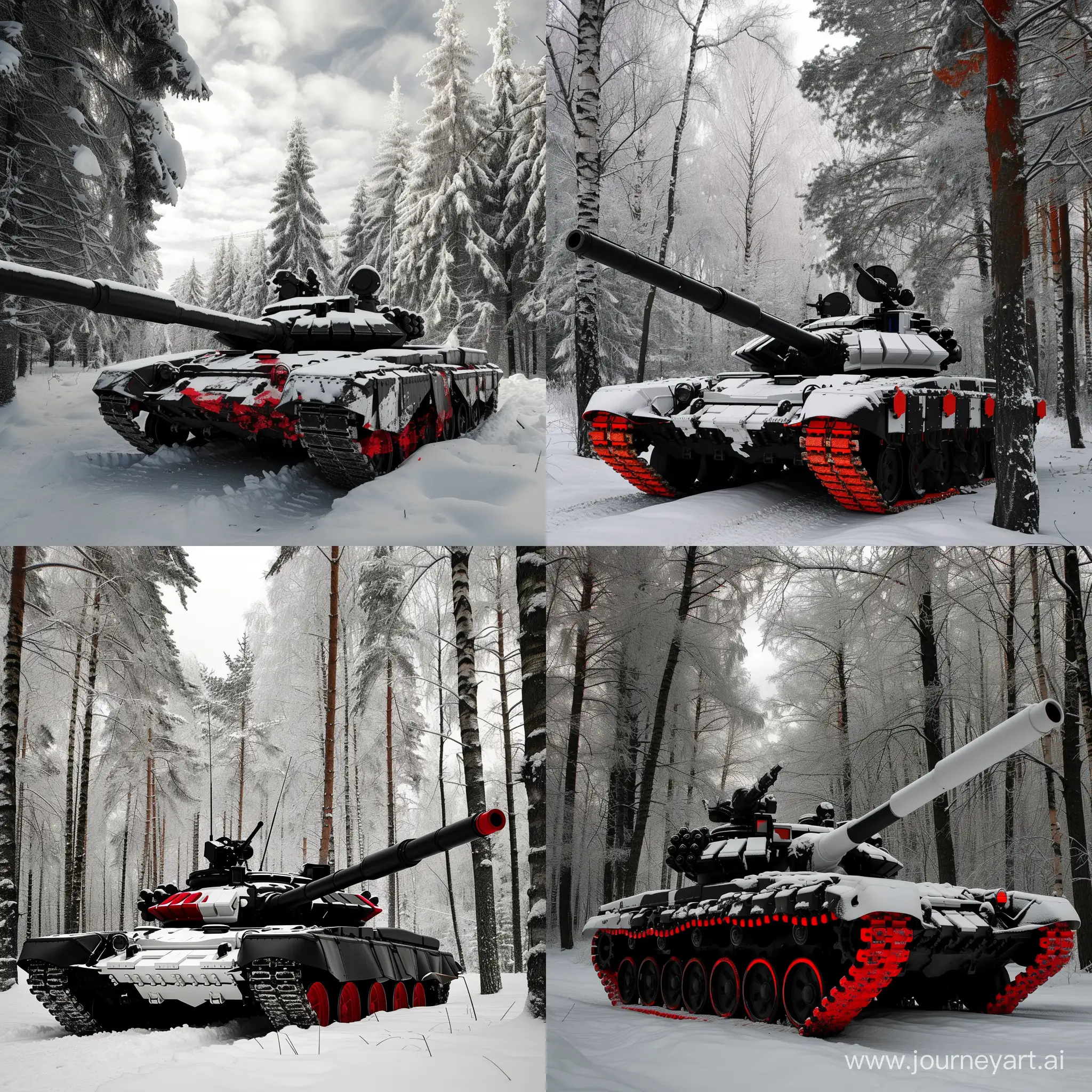 современный танк, в черно белой окраске, с красными элементами, зимний лес, день