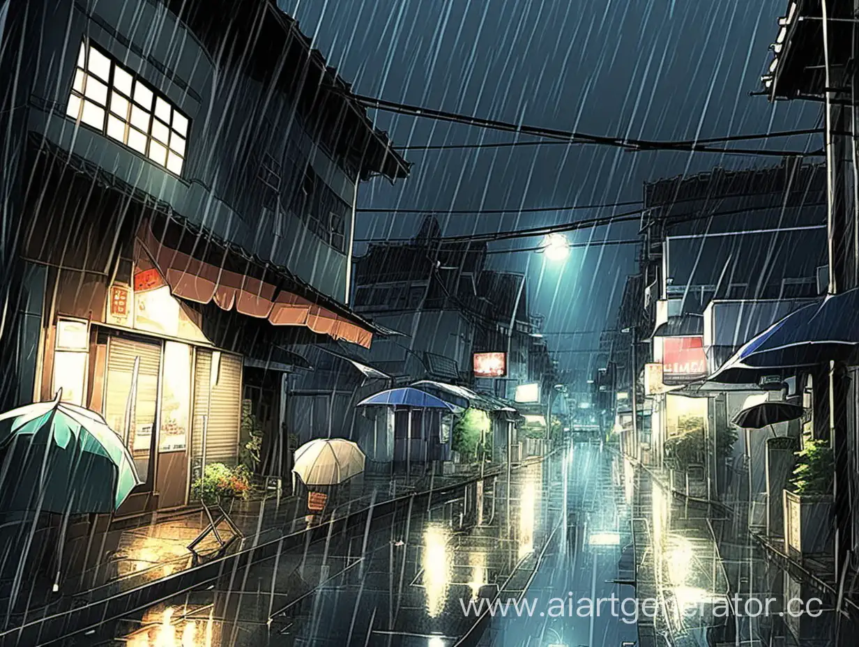 Anime-style city on the street it's raining at night