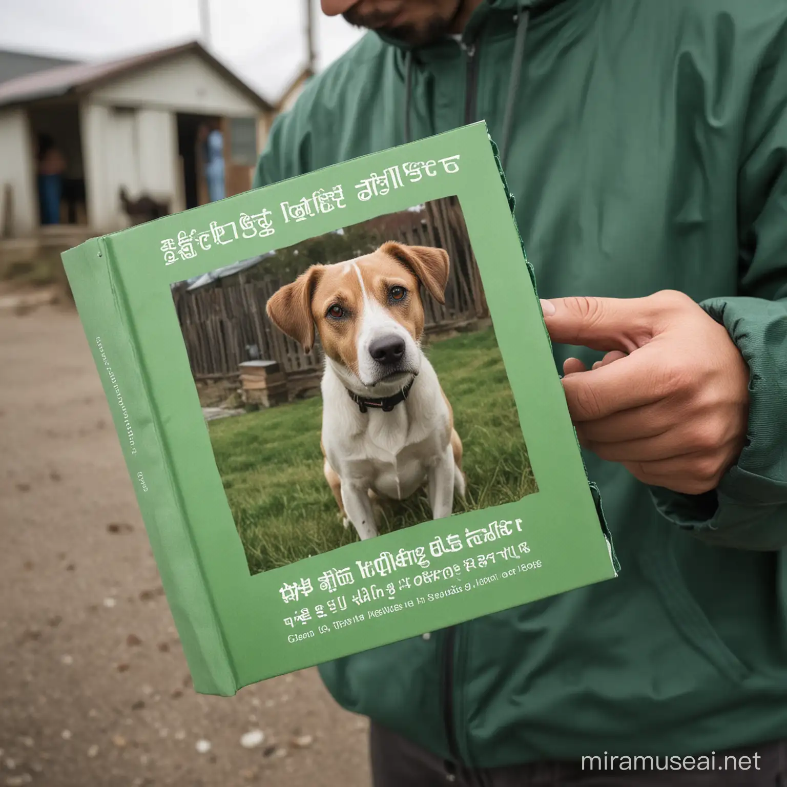 create a deep-focus image of a person standing in front of a  shelter for dogs, holding a book with the green cover visible in their hand, focusing on the book. Color-friendly, compassionate shades. 
65 / 5 000
Výsledky překladu
Výsledek překladu
if there is a picture of a dog in the picture, it should be smaller and light in color