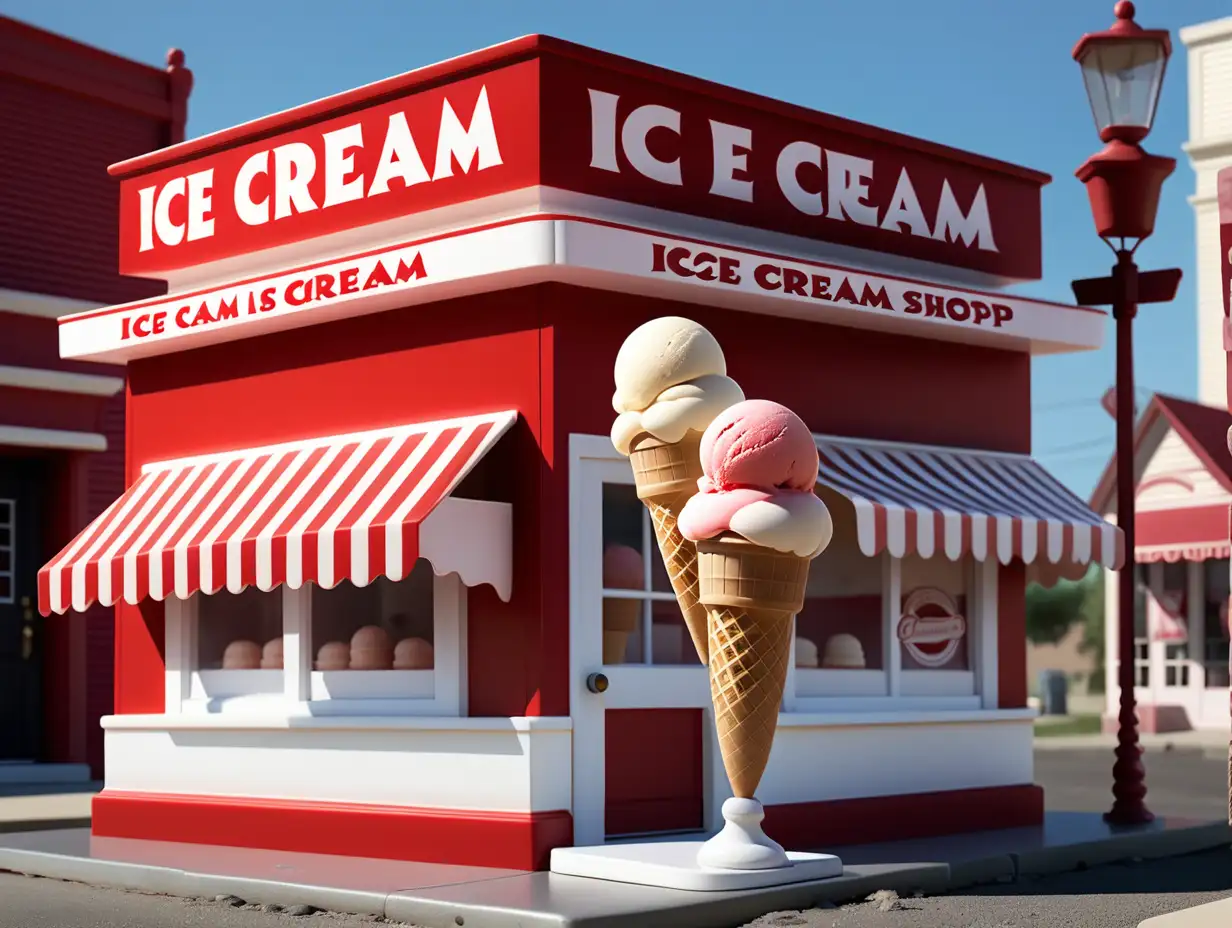 old fashioned red and white ice cream shop
 with real ice cream showing and the front of the building