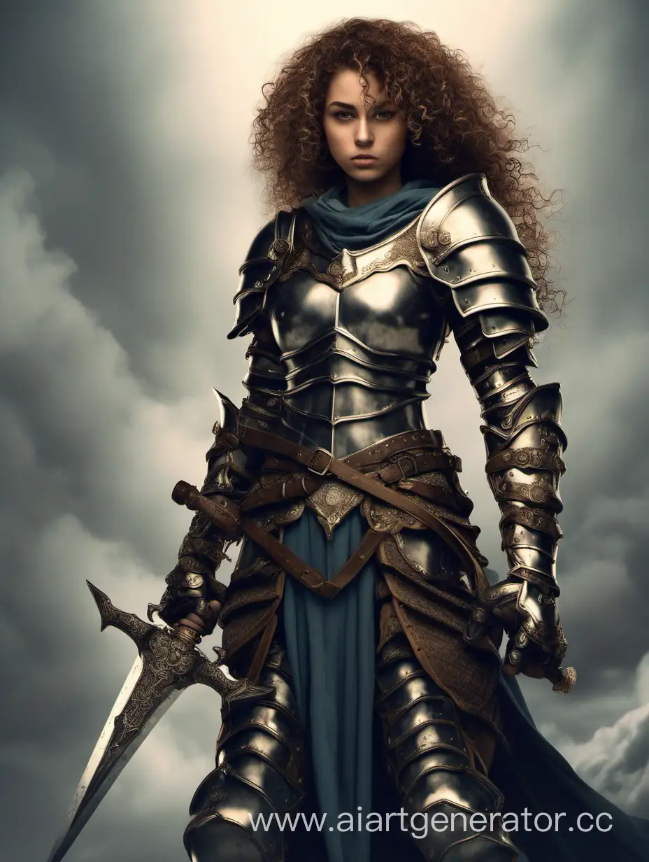 Девушка воин с кучерявыми волосами в доспехах, с мечом в руках