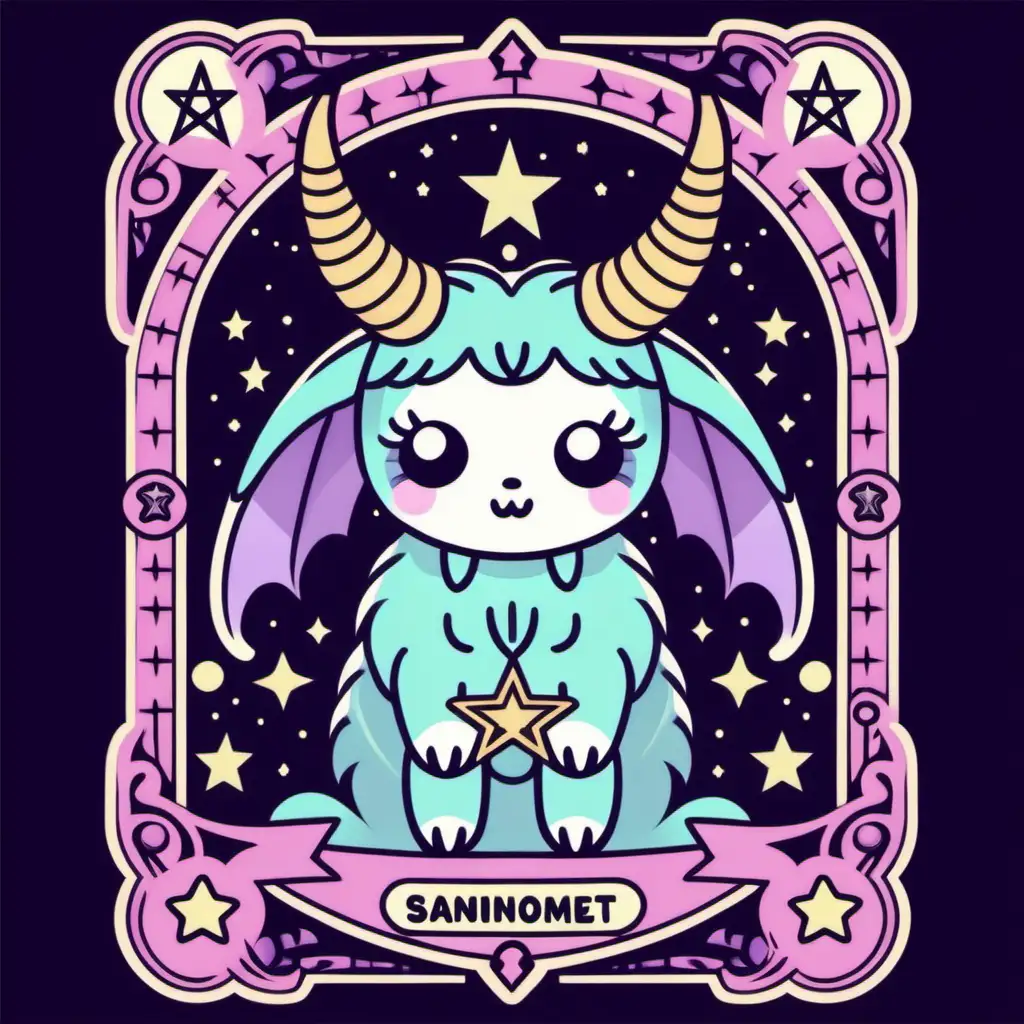 Vintage Tarot Card Style Kawaii Baphomet Illustration