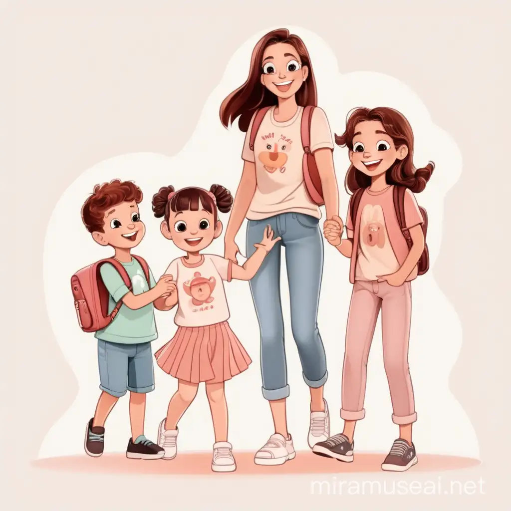 Joyful Mother with Two Children in Animated Scene