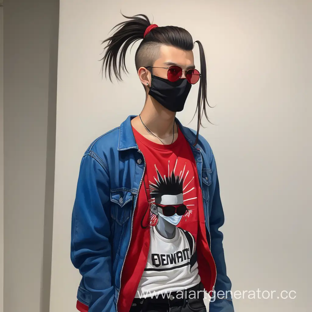 Stylish-Young-Man-with-Shaved-Sides-and-Ponytail-in-Red-Tshirt-and-Sunglasses