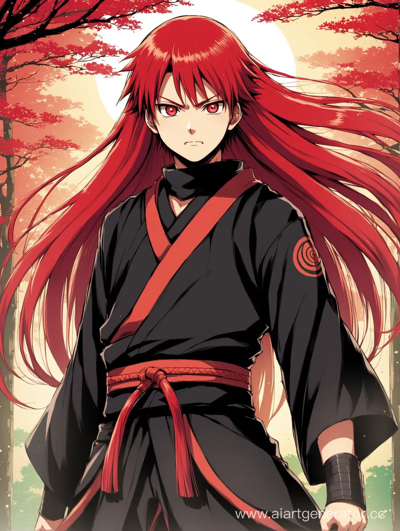 very long long red hair, crimson eyes, a boy in Otogakure Shinobi clothes, son of Karin Uzumaki, Naruto setting