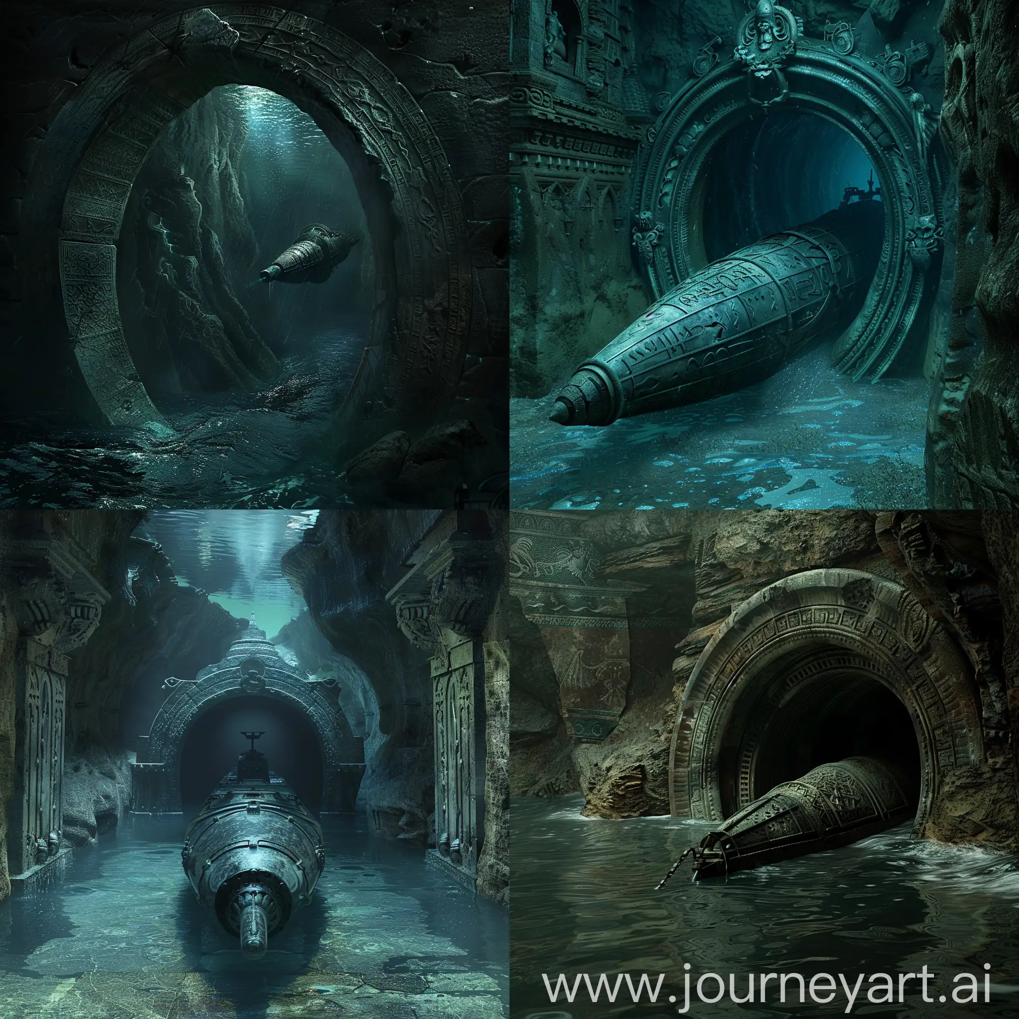 a medieval prototype of a bathyscaphe swam into a carved stone tunnel, the depths of the ocean, total darkness, fantasy, bioshock, night