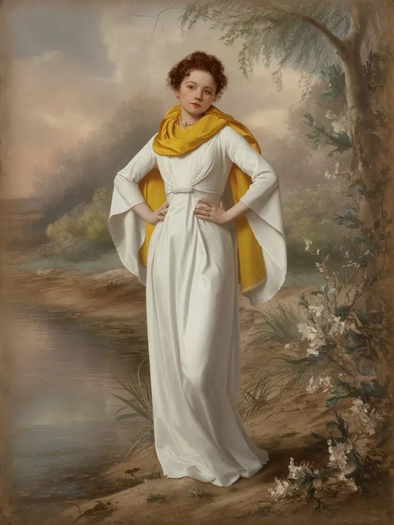 A (((beautiful young woman))) standing confidently at a (((riverbank))), dressed in a flowing white gown adorned with a (((sunny yellow scarf))), evoking the timeless style of the Pre-Raphaelite Brotherhood artists like William Holman Hunt, John Everett Millais, Dante Gabriel Rossetti, William Michael Rossetti, Edward Burne-Jones, William Morris, and John William Waterhouse