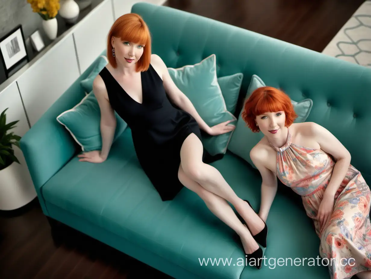Vibrant Spacious Room with Modern Decor. a super slim version of Molly C. Quinn, 20-years-old, and her 45 years-old mother, on couch in a modern living room, dressed elegantly. view from above. show body in full-length. short haircut. loyfull.