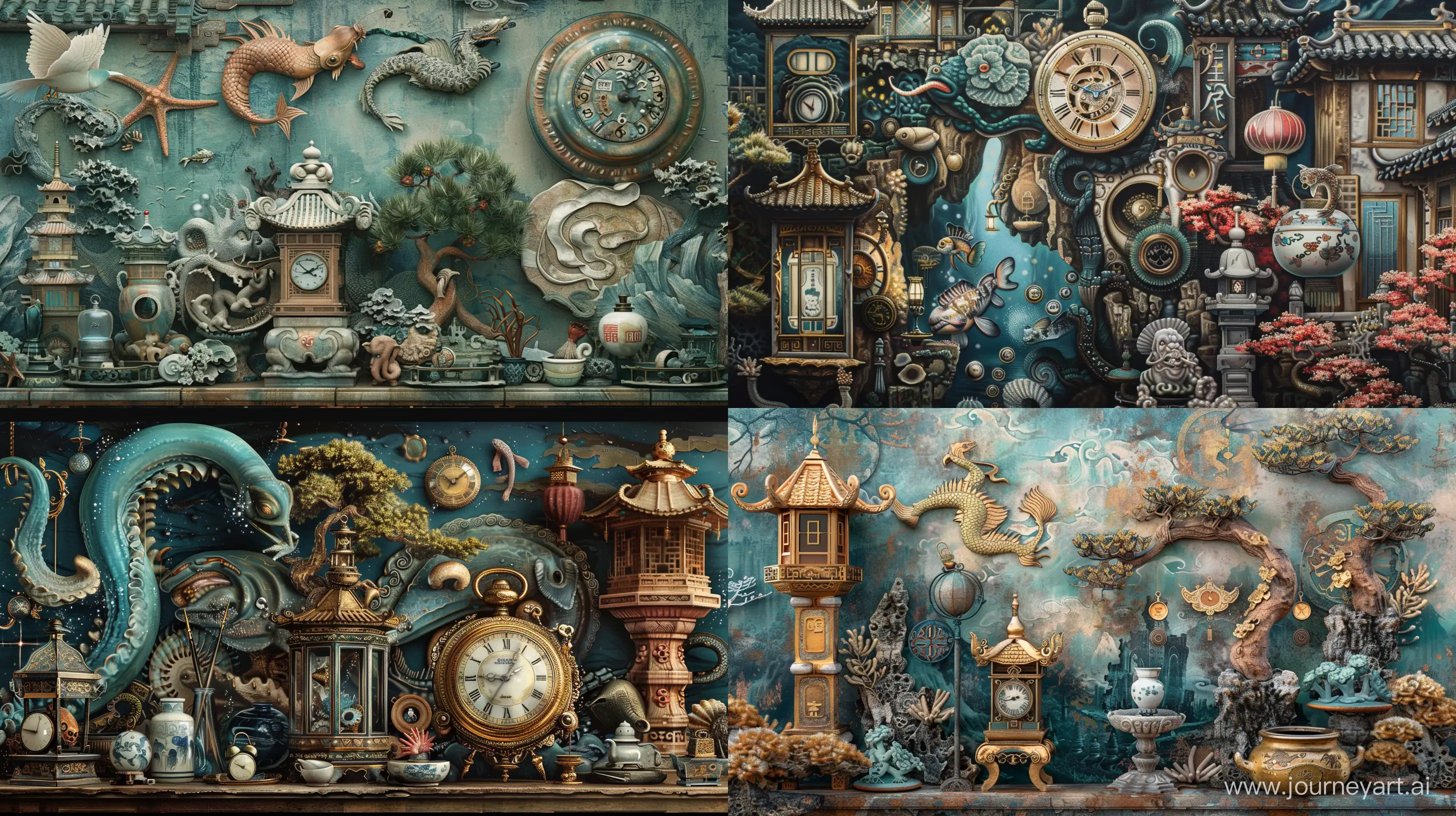 **elegantism, insane detail, painting masterpiece ,Extreme authentic decor , pocket watch, deep sea creatures, lantern, porcelain, bonsai, perfect exact rendering, embellished and intricate architectural ornamentations, many china and japan artifacts, greebles::2 --ar 16:9 --q 1