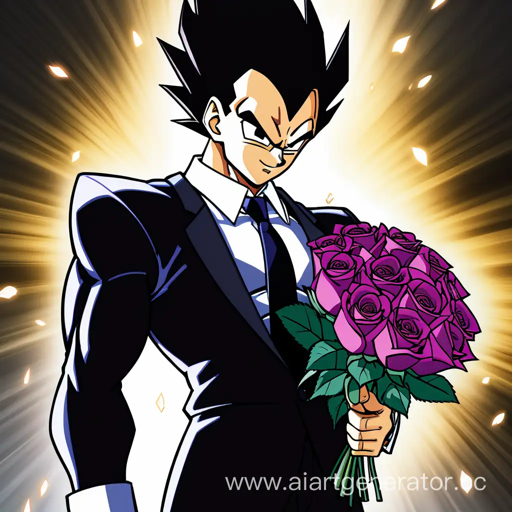 Vegeta stands in full growth, dressed in a sleek black business suit. In his hands, he holds a beautiful bouquet of roses. His piercing purple eyes contrast with his smile, and his distinctive forehead adds to his charismatic presence, reminiscent of his anime appearance.