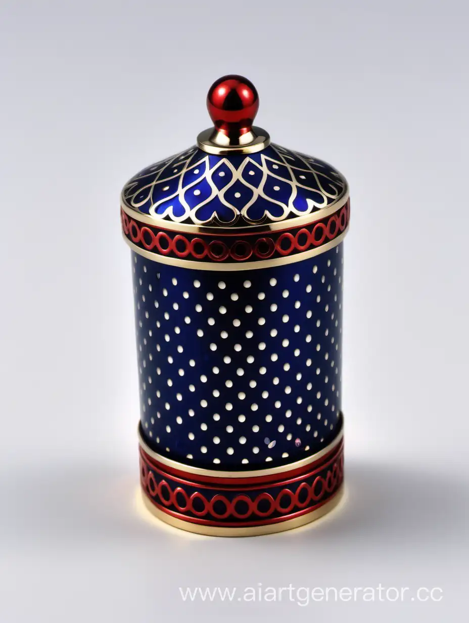 Zamac Perfume decorative ornamental long cap, SHINY DARK BLUE color with matt RED WHITE border line with dots in middle arabesque pattern shaped | metallizing finish