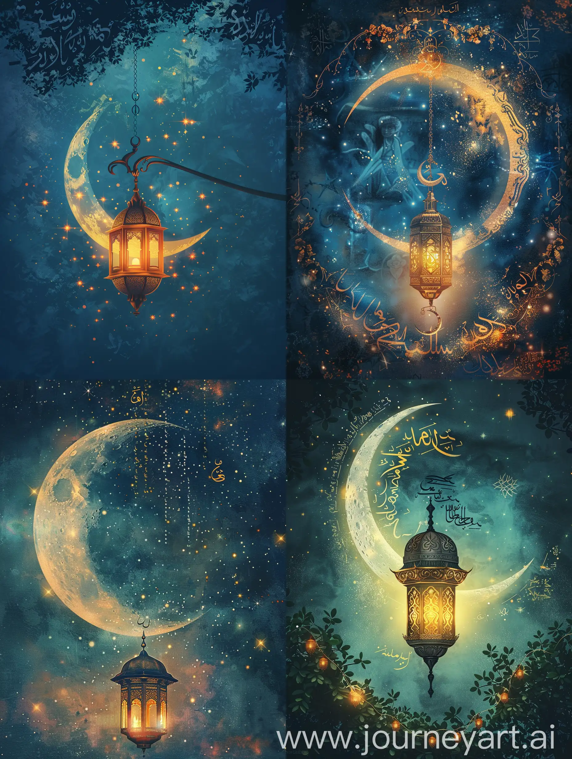 a poster for "laylatul qadr" and "Martyrdom of Imam Ali" , containing a moon cresent and islamic pattenrs, and islamic lantern. also some stars in the sky
dark and sad theme