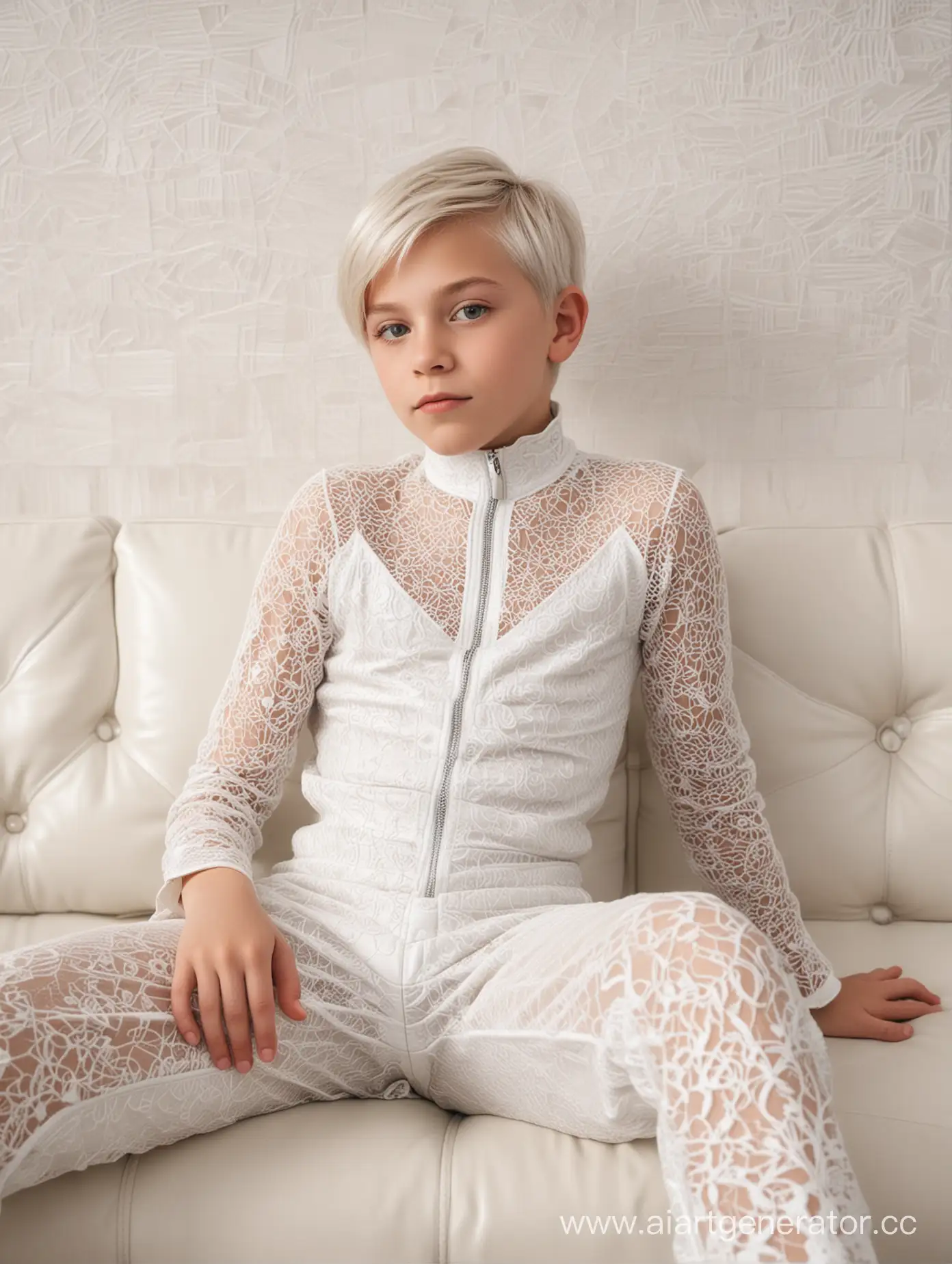 Boy-Relaxing-on-White-Leather-Couch-in-Lacy-Mesh-Jumpsuit