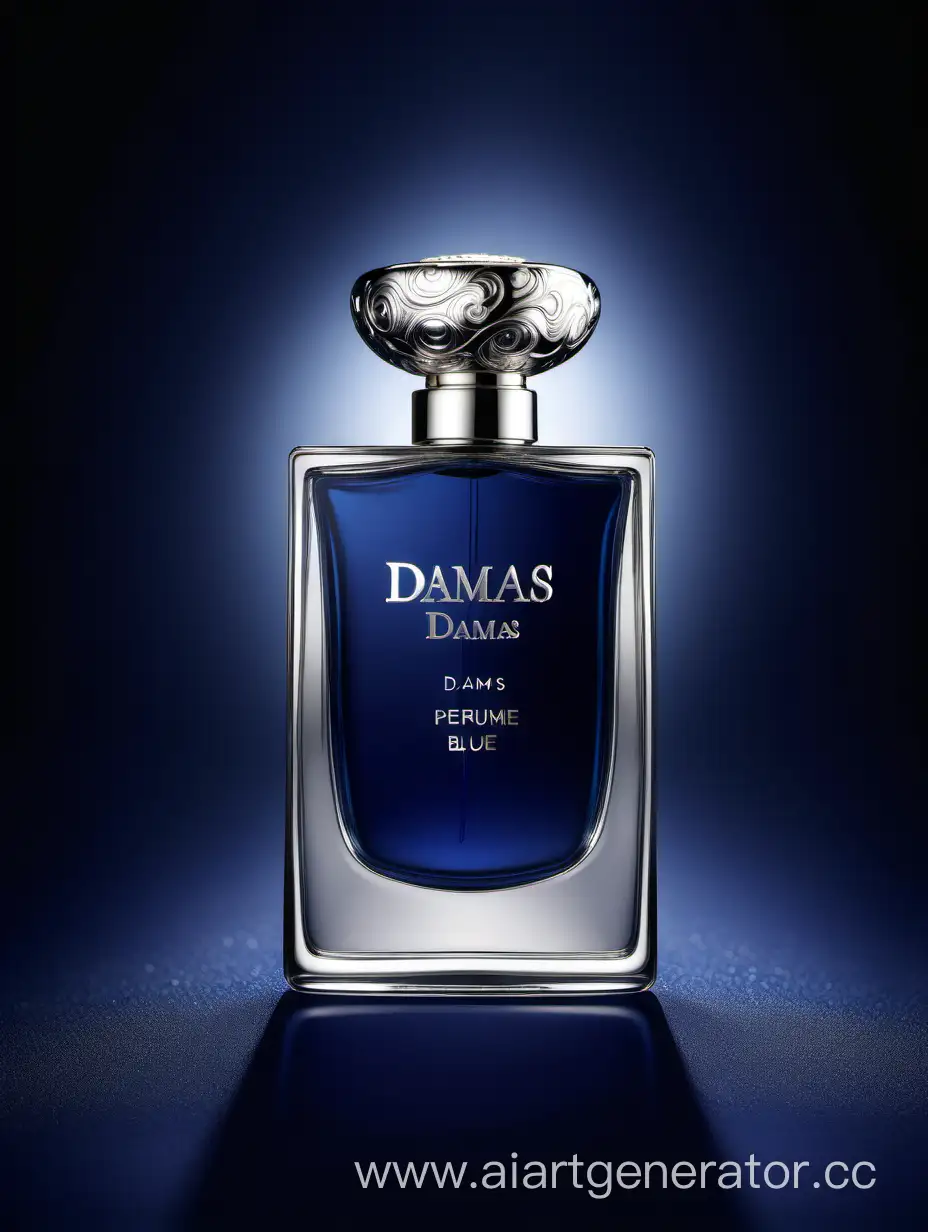 A luxurious (((silver and dark matt blue perfume))), textured crafted with intricate 3D details reflecting light around a ((black background)), with a elegant ((Damas text logo))