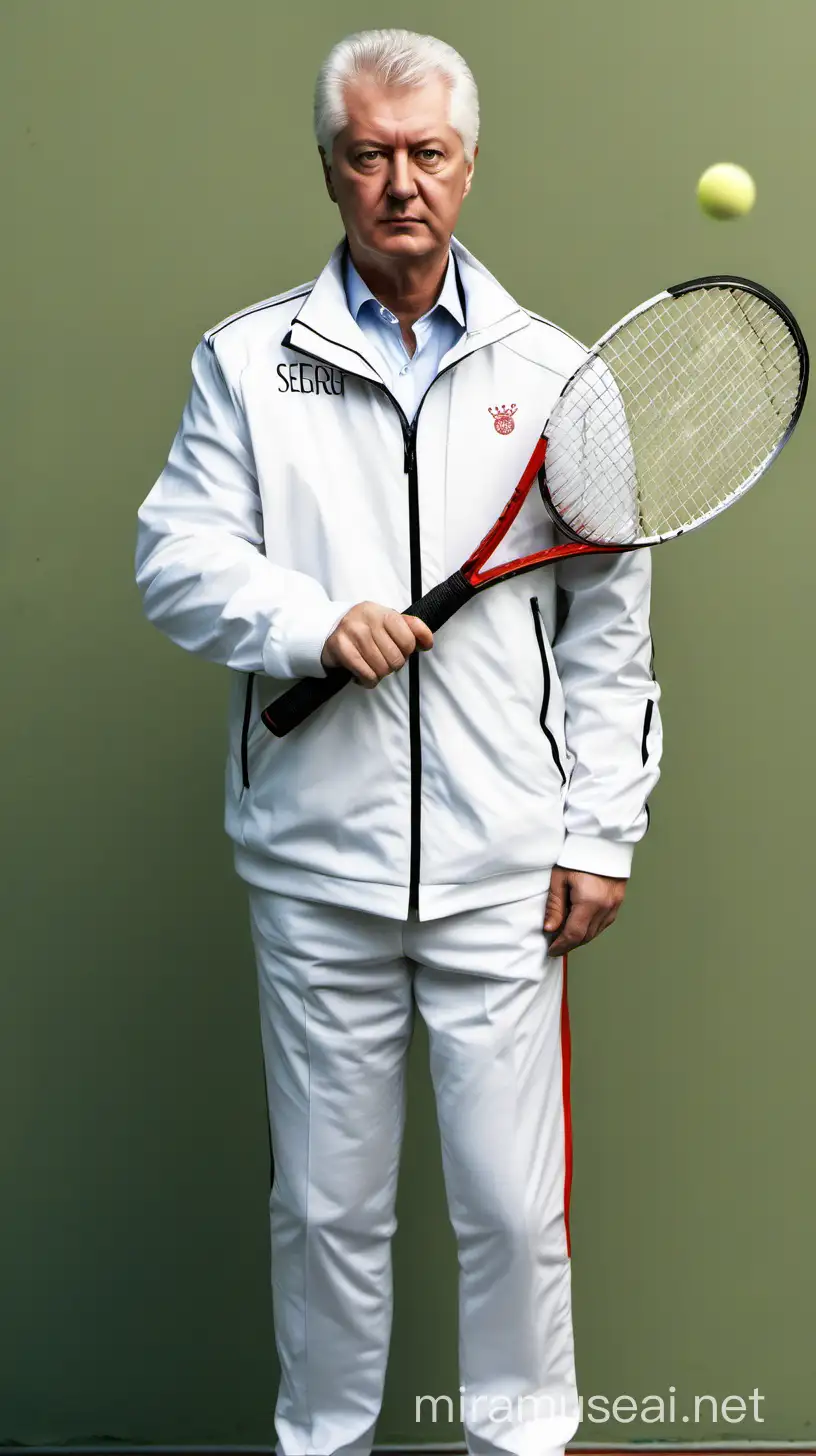 Sergei Sobyanin in Sportswear Holding Tennis Racket