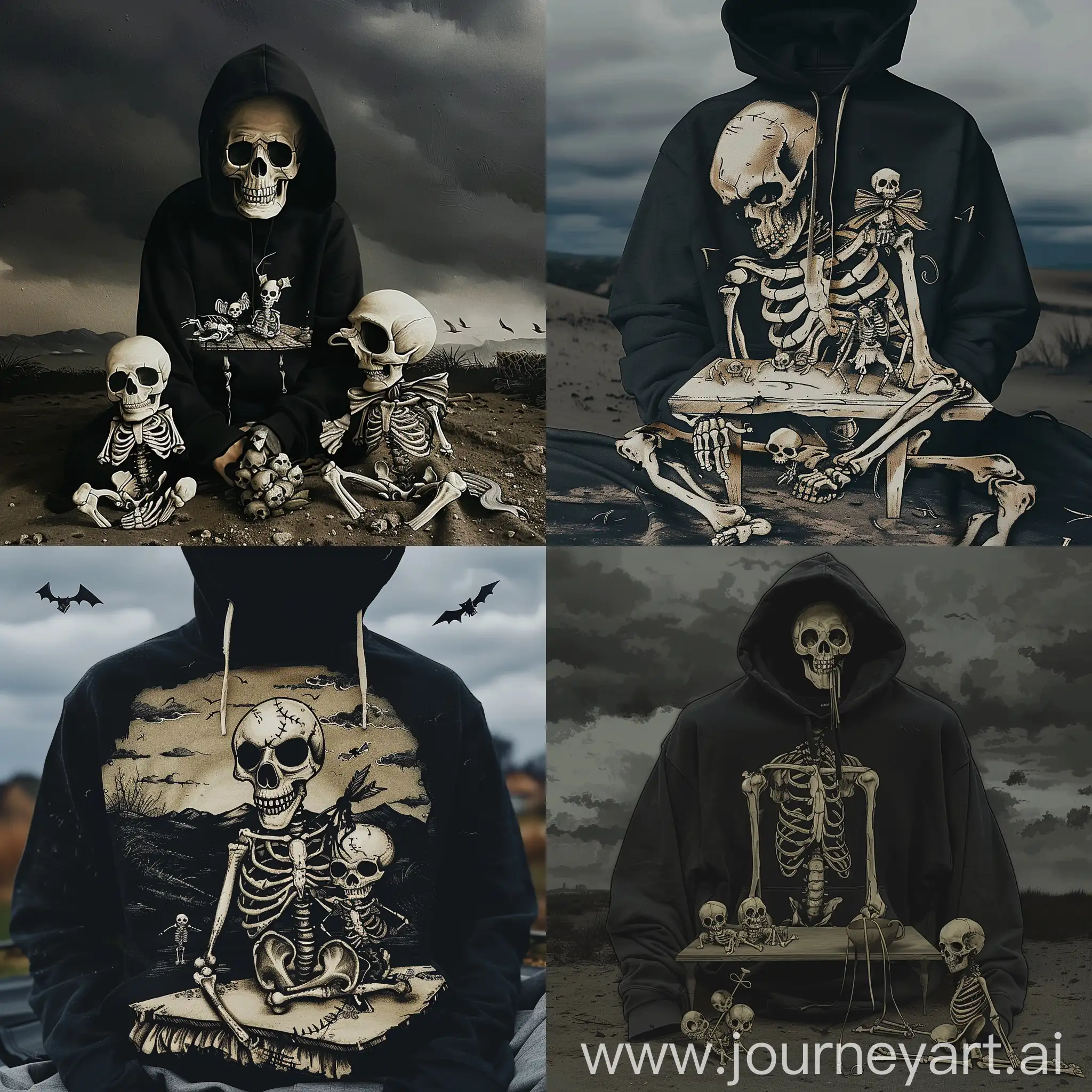 t - shirt of a skull and skeleton family on the table in the style of chris foss, matte, dark sky, a black hoodie with a drawing of a skeleton on it, the hoodie looks bad and the drawings on it look funny, a skeleton with a bow sits on the ground