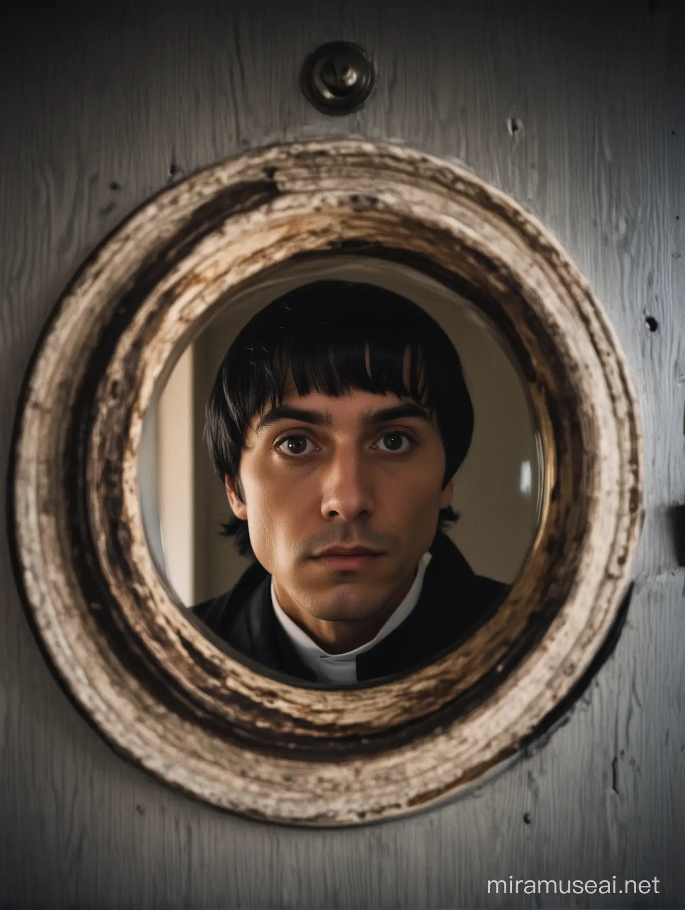 BlackHaired Priest Peering Through Doors Peephole