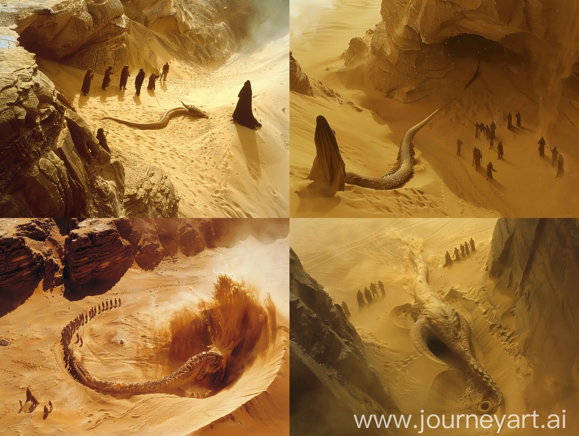 planet arrakis of book dune, overhead shot of the deep desert, a sandworm is emerging from the sand as a group of fremen people witness the scene in the distance
