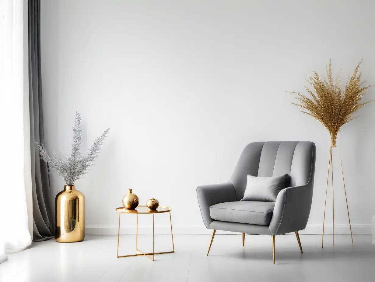 Commercial Photography, modern minimalist living room interior with    white wall and grey chair, golden decor
