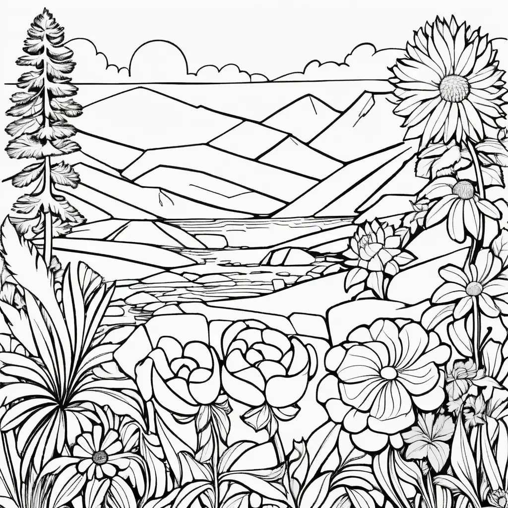black and white, coloring page, clear defined dark lines and line border, no shadows, no greying, without the use of shadows or any form of graying. Emphasize clean lines, distinct shapes, and solid, non-gradient fills to maintain a simplistic and high-contrast appearance suitable for coloring, white areas, white background, landscape