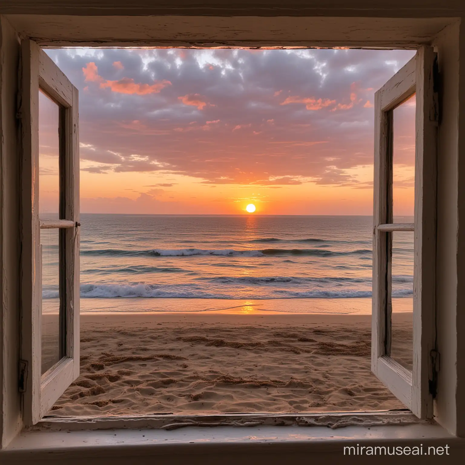 Por la ventana se ve un  paisaje marino en la playa en un atardecer con el cielo rojizo