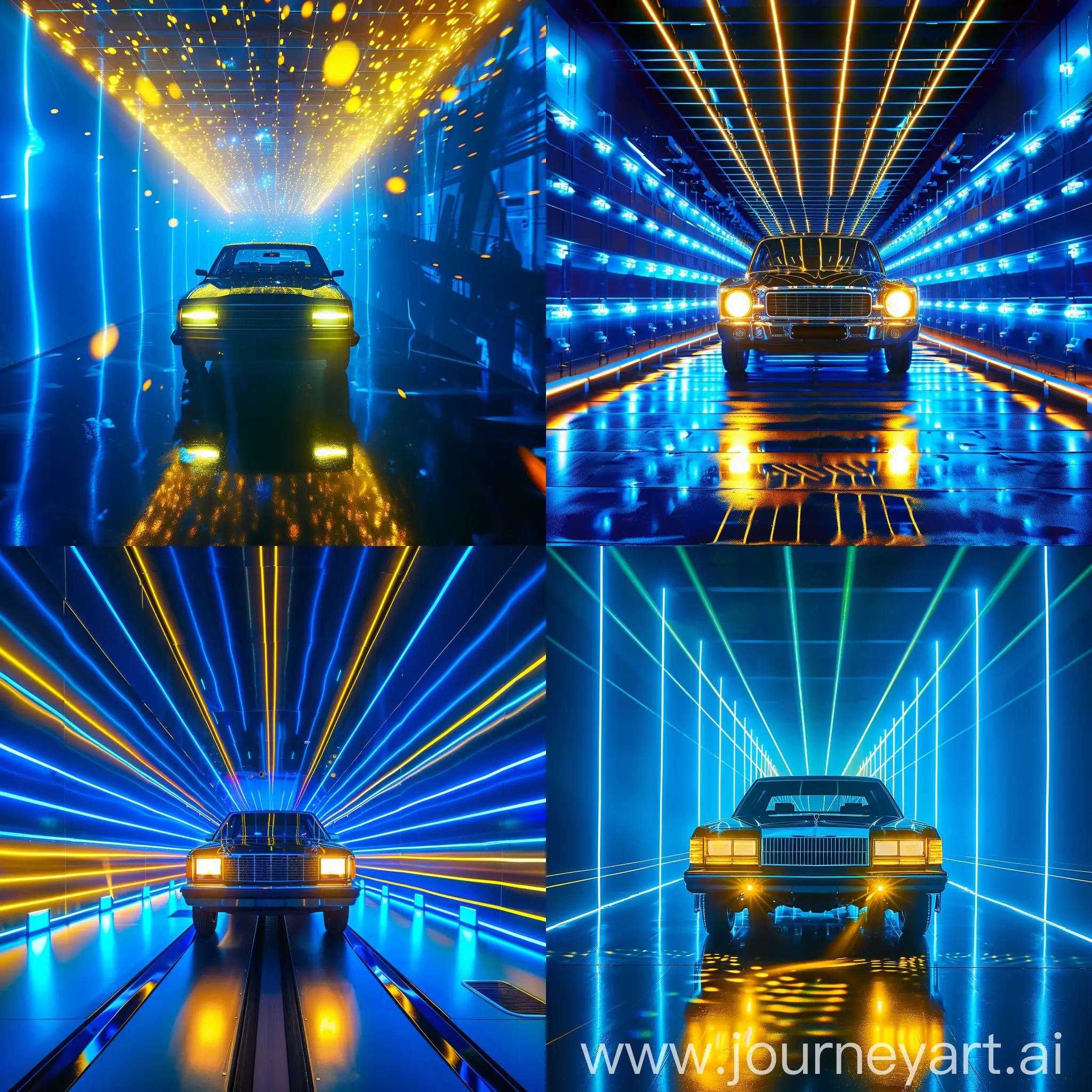 یک فضای نورانی با نور های آبی و زرد و وجود داشتن یک ماشین شاسی بلند که چرا های آن روشن است