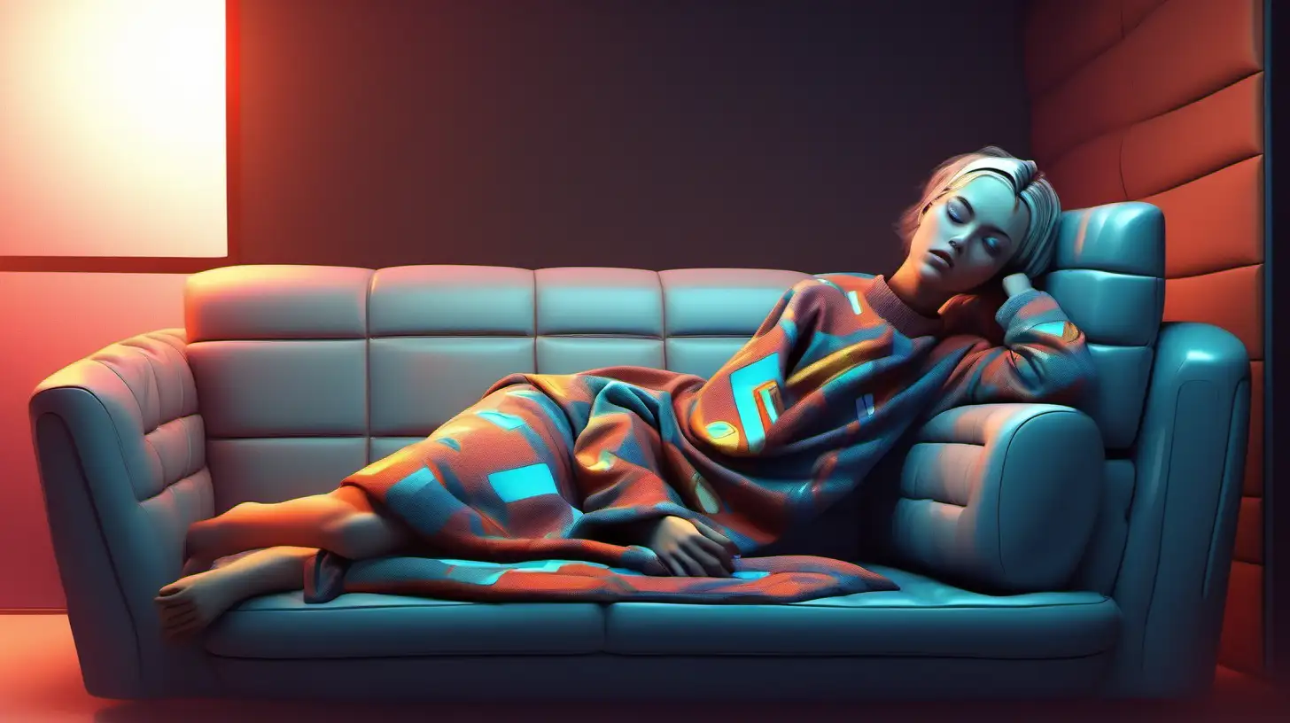 Futuristic Android Girl Relaxing on Stylish Lounge Couch
