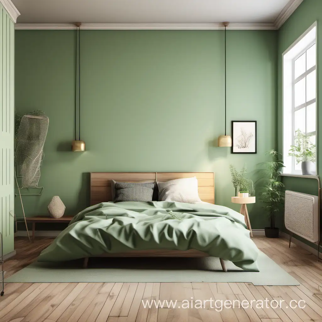 Дизайн интерьера спальни в скандинавском стиле с акцентной светлой зеленой стеной и элементами ретро декора, с деревянным полом