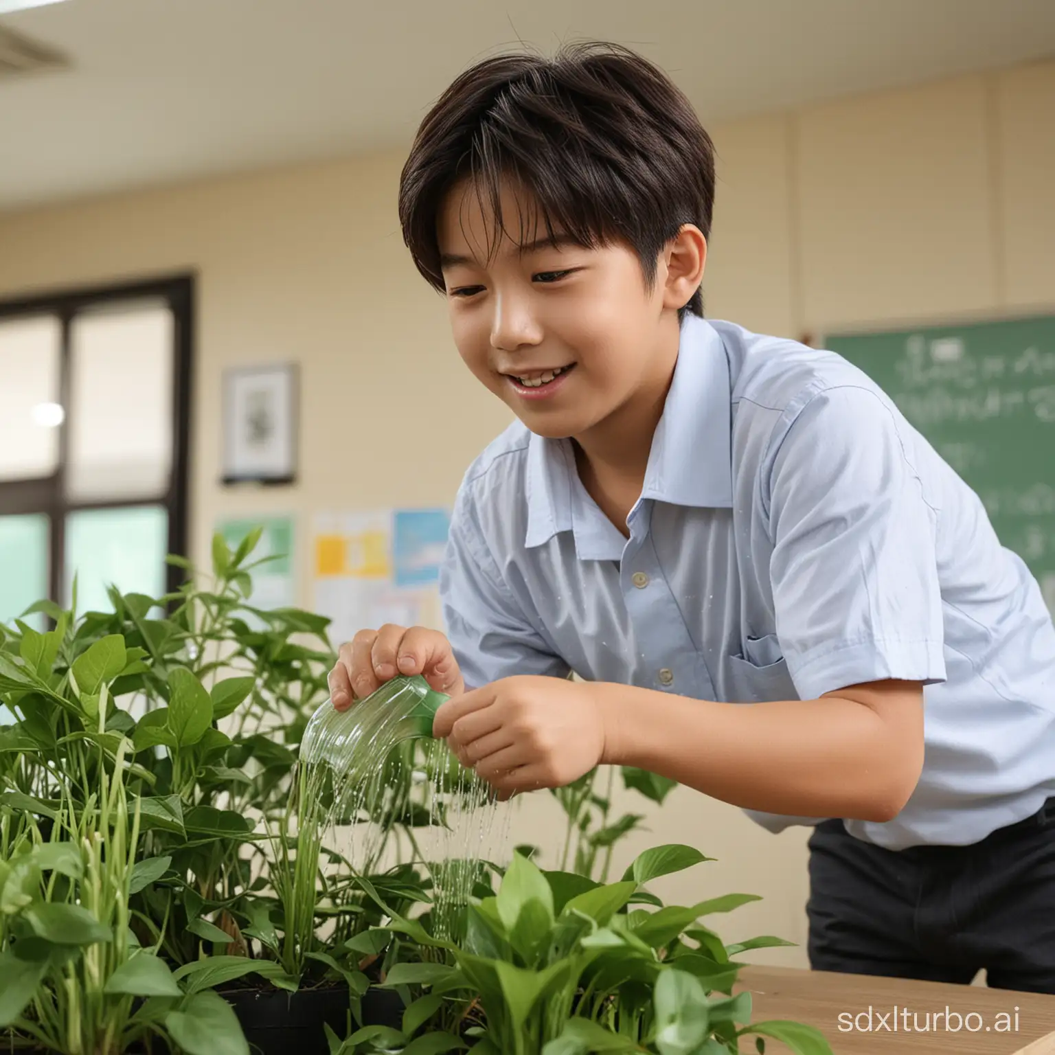 A 7 YEARS OLD BOY WITH BTS Jin face   watering flower plants in a classroom