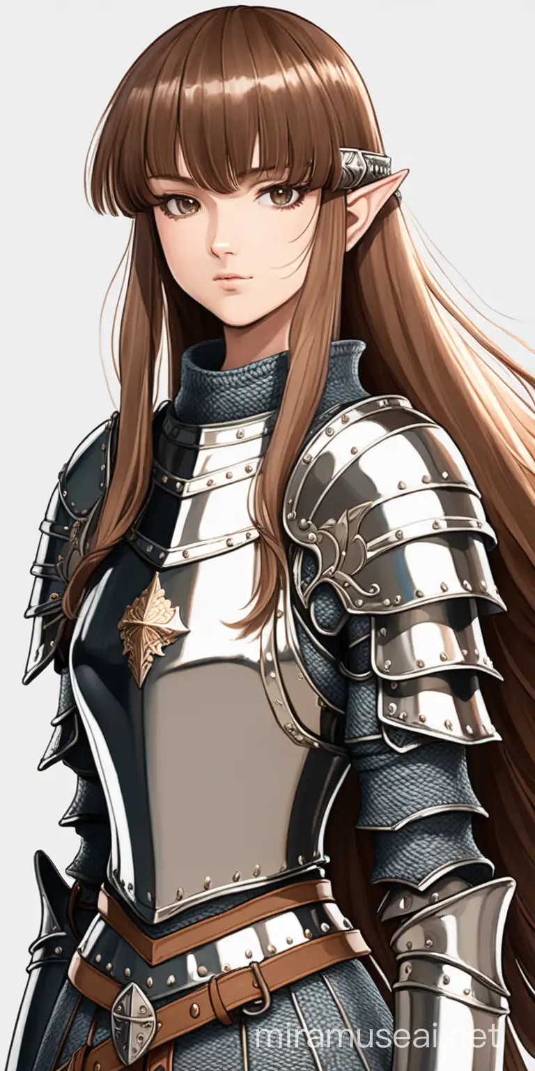 medieval woman with bangs and flowy hair. wears armor with no helmet. anime style
