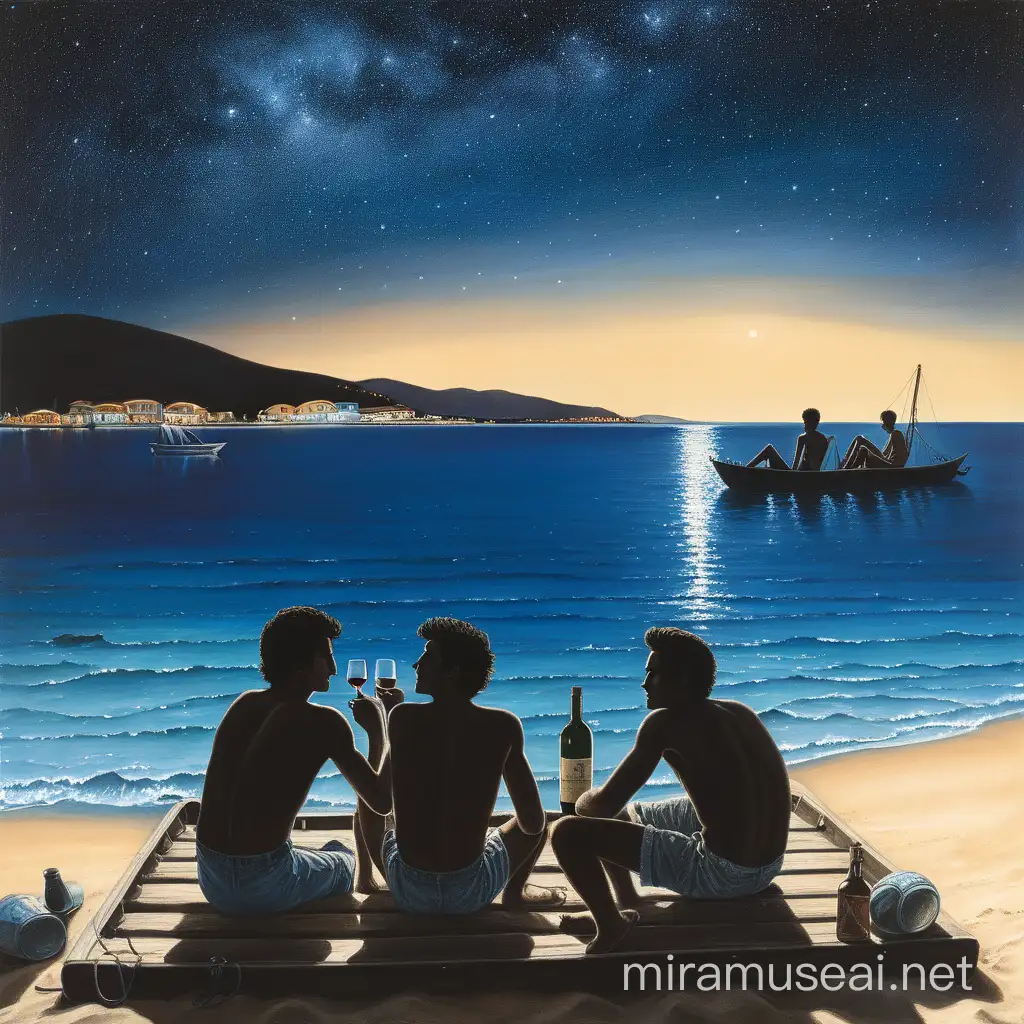The story is about two young men, one 25, one 27 years old, and they are on a raft, a boat, on the sand. The year is 1990, both young men are silhouetted from behind or from the side, drinking wine from a single bottle. The sky is darker and starry, and the lights of the Aegean coast of Turkey can be seen on the opposite shore. A little to the right of where the two young men are sitting, we can see a taverna with people having fun. 