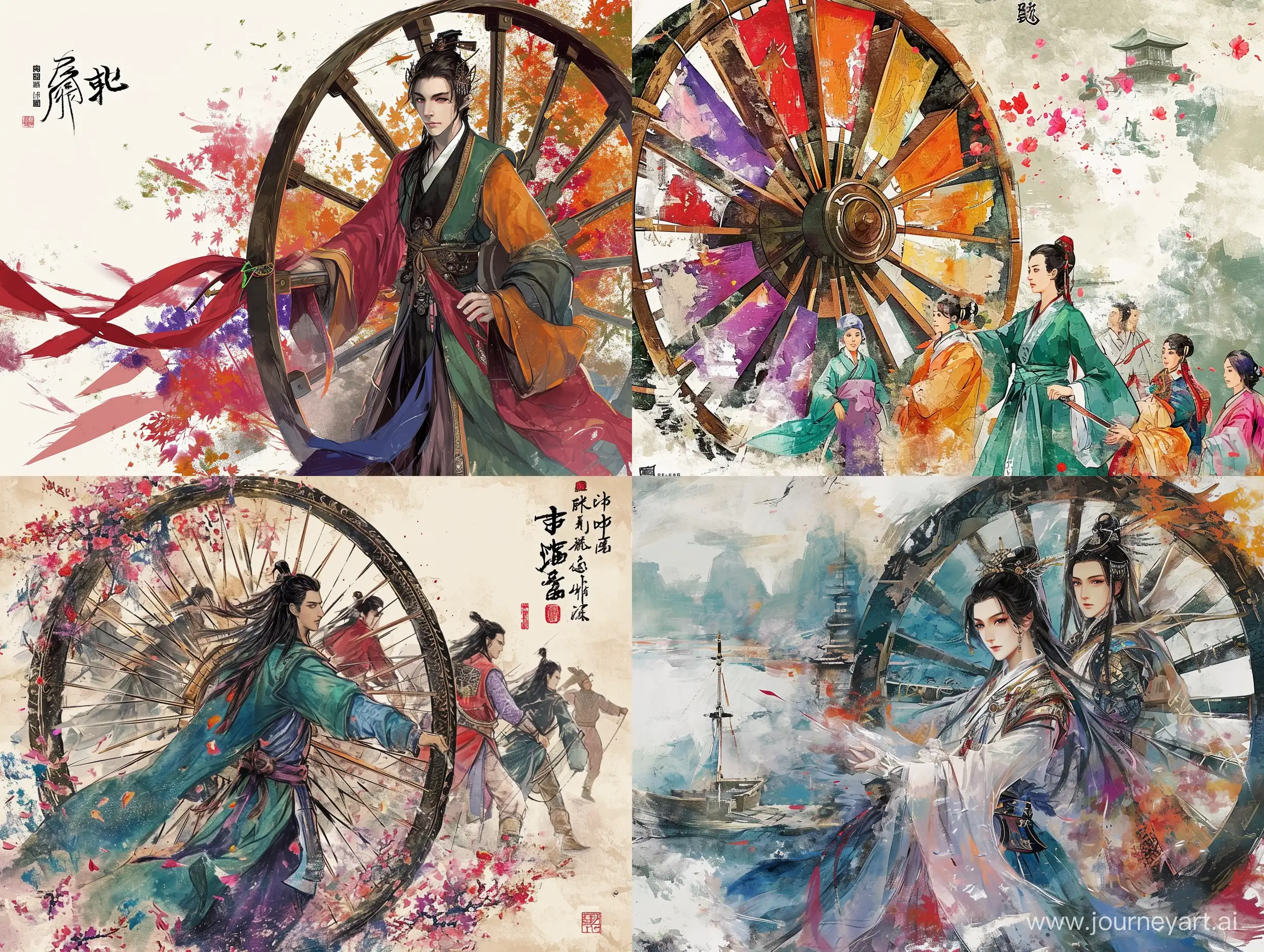 历史的巨轮滚滚向前，彩色中国风，水墨画风格，二次元漫画，高清，高级感，大师之作，古代，东方美学。