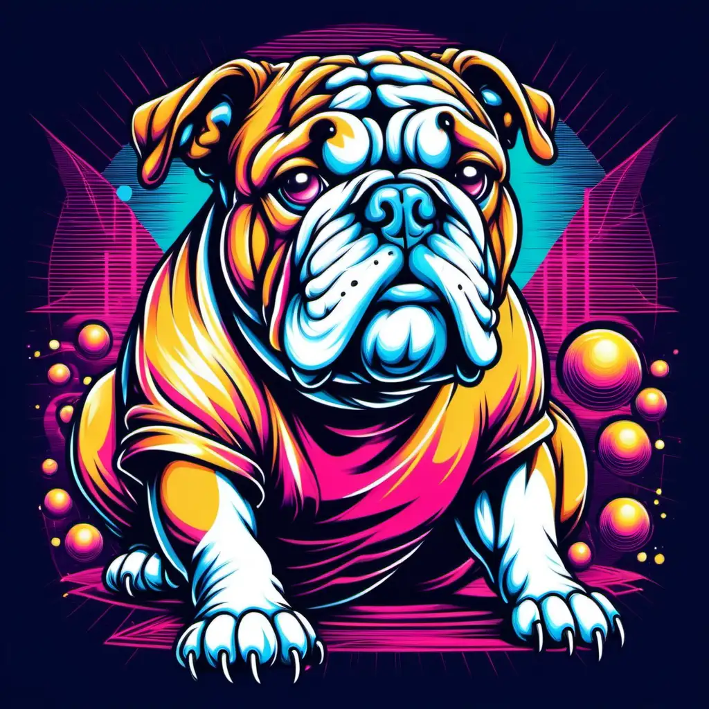 t shirt vector, bulldog graphic, synth wave, vibrant color, detailed 