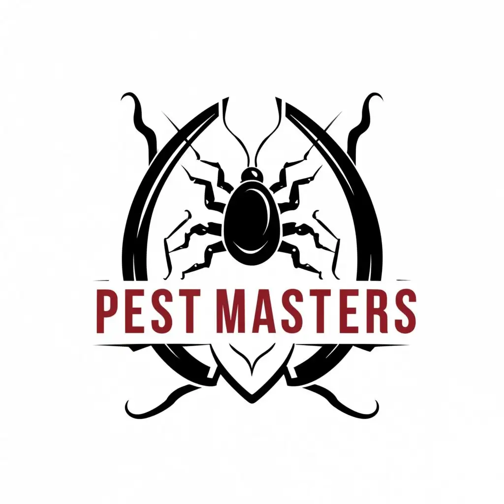 logo, exterminating bugs silhouette, with the text "Pest Masters", typography