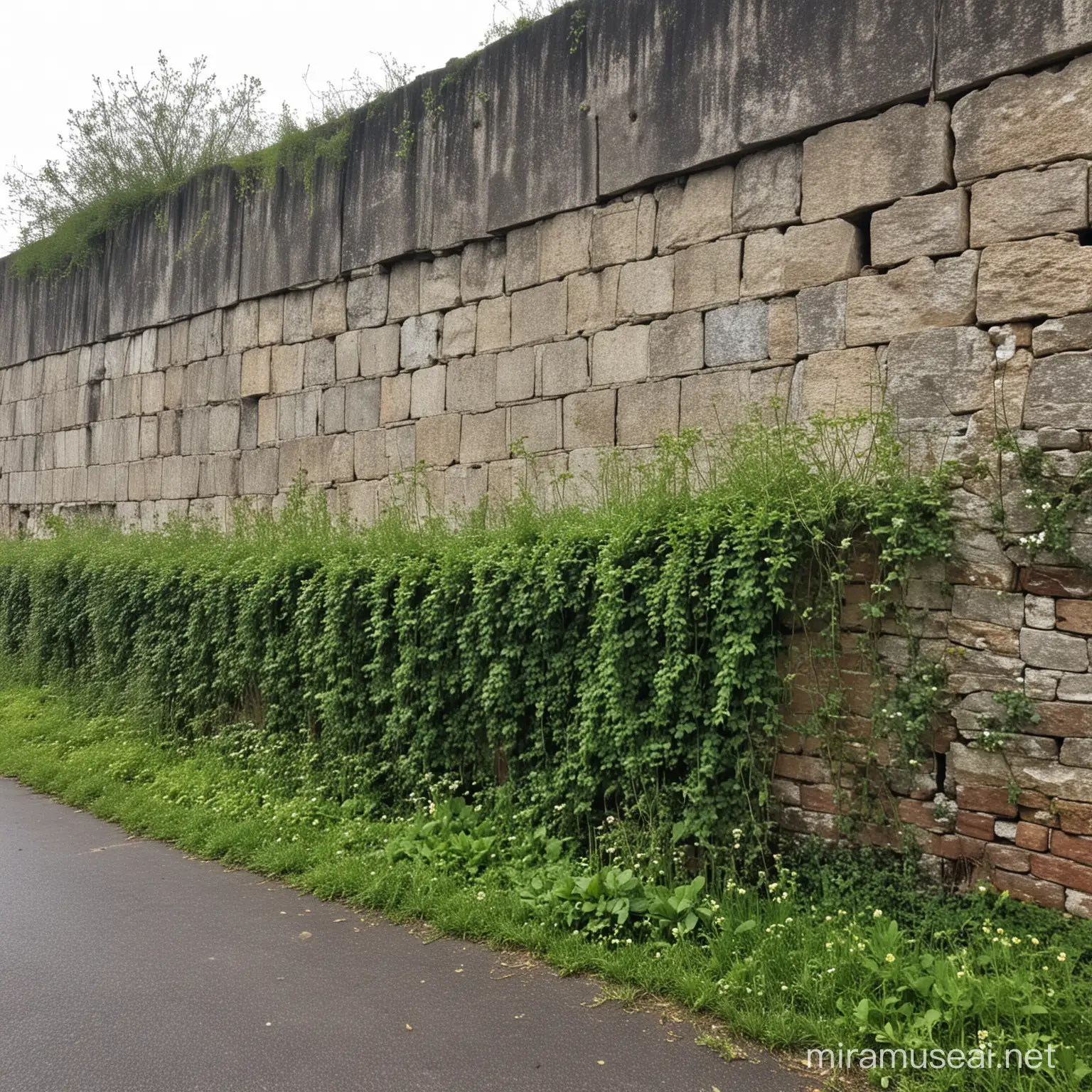 a huge abbandoned walls with some tiny  plants growing on it
