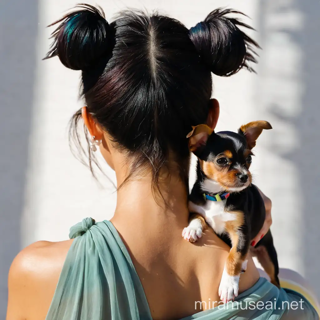 Frau von hinten zu sehen, kleiner Hund auf Schultern, wie gemalt, lebendig, detailliert, Licht und Schatten