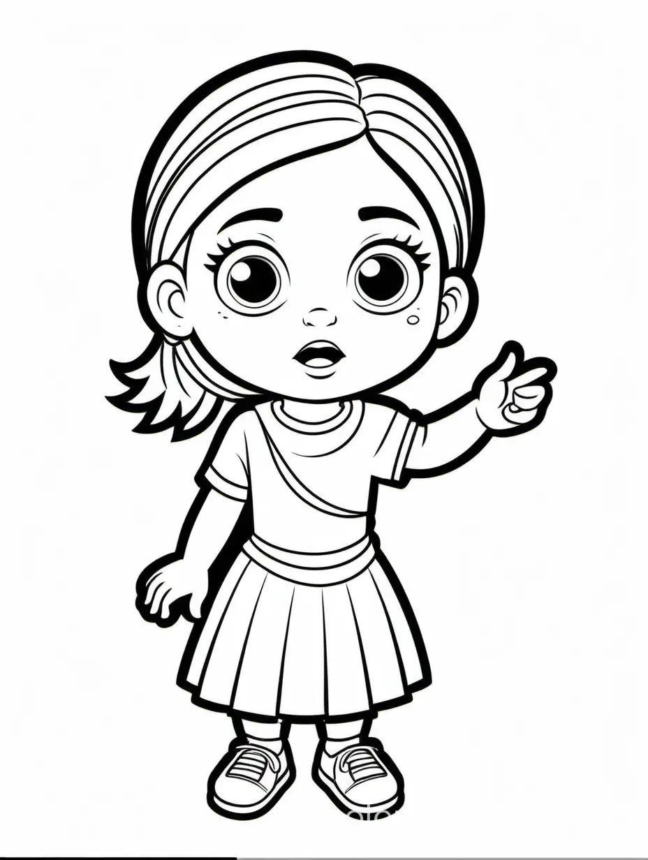 Design a simple coloring page Maya is holding the highTIGHTER in her hand, looking surprised, Coloring Page, black and white, line art, white background, Simplicity, Ample White Space. The background of the coloring page is plain white to make it easy for young children to color within the lines. The outlines of all the subjects are easy to distinguish, making it simple for kids to color without too much difficulty