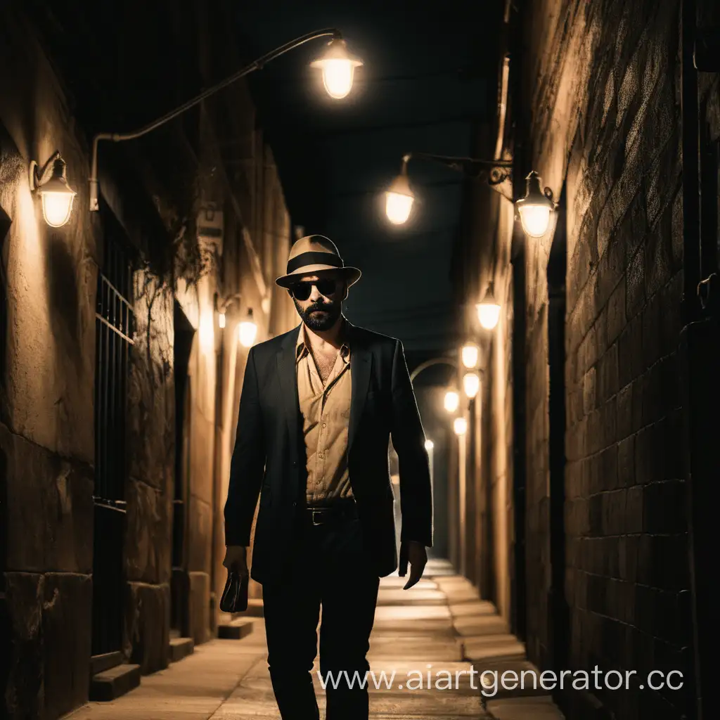 Stylish-Man-Walking-Through-Urban-Night-Fedora-and-Sunglasses-in-Dark-Alley