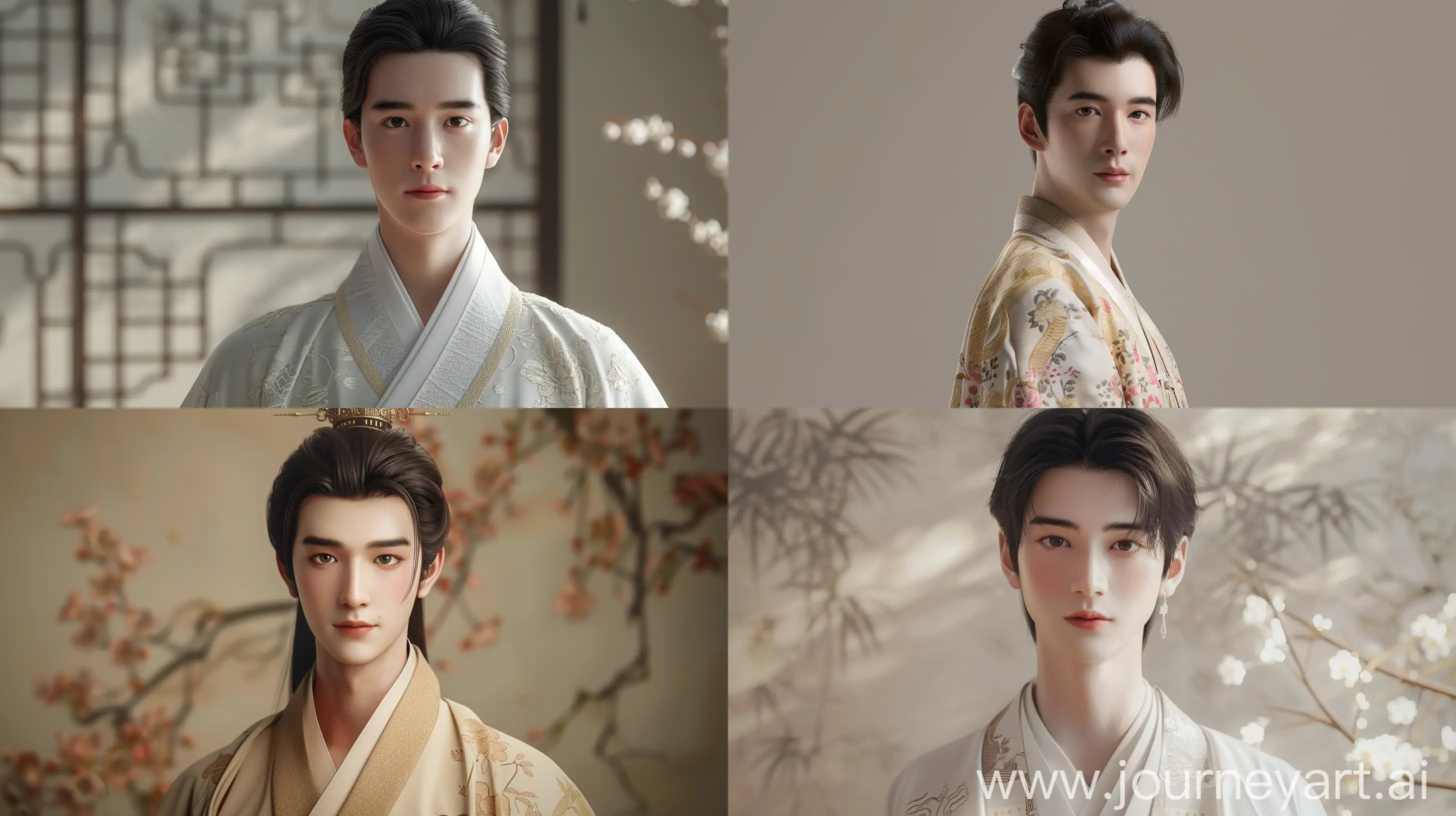 1 male, 22 years old(best quality,4k,8k,highres,masterpiece:1.2),ultra-detailed,(realistic,photorealistic,photo-realistic:1.37),Asian Chinese male, handsome, height 1.8m, normal physique, not muscular, round face, traditional Chinese clothing, standing pose, serene expression, gentle smile, beautifully detailed eyes, natural lips, studio lighting, vivid colors, magazine cover layout, fashion photography style, elegant background, Chinese elements, soft texture, clear focal point, bokeh effect, HDR,UHD,sharp focus --v 6 --s 100 --ar 16:9 --c 0 --q 1