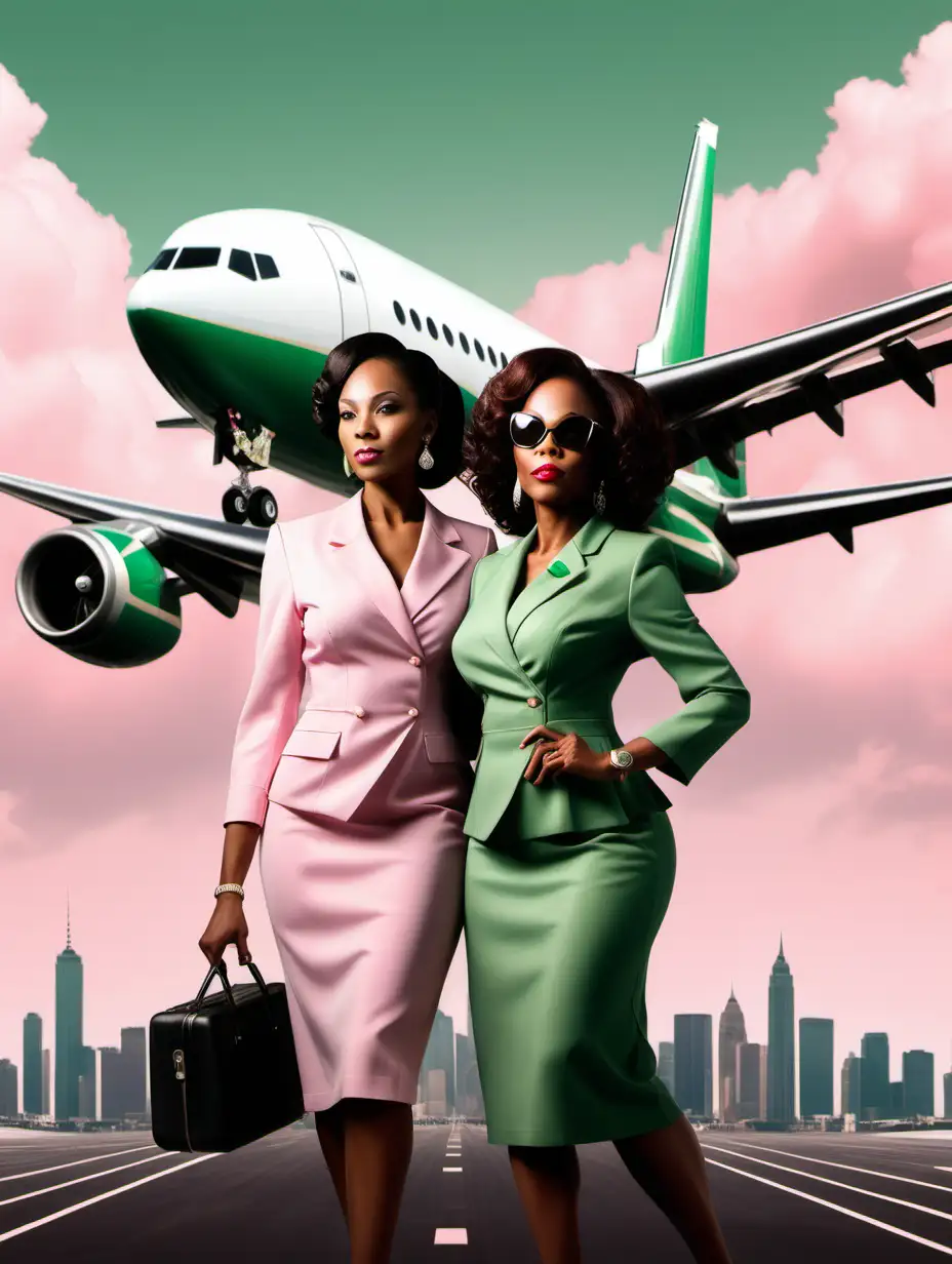 create an image of 2 GENERATIONS OF  ELEGANT BLACK WOMEN ,WITH A PLANE IN THE SKYLINE ON TARMAC. USE SOFT PINK AND GREEN