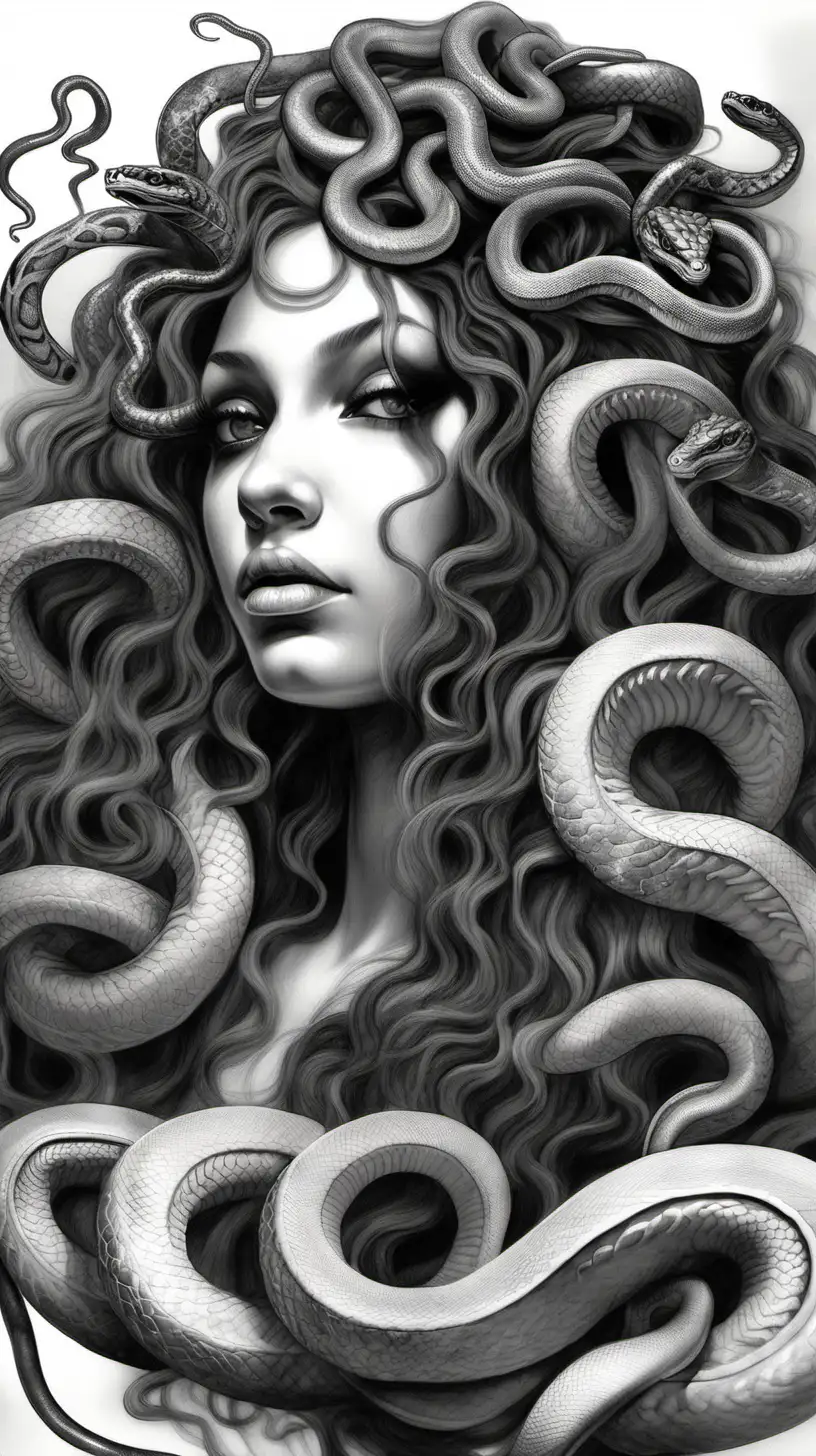 /imagine prompt :
black and white hyper real drawing portraying 
Medusa head with little snakes in the hair
Medusa has beautiful eyes
draws the subject’s natural beauty and personality with stunning realism
