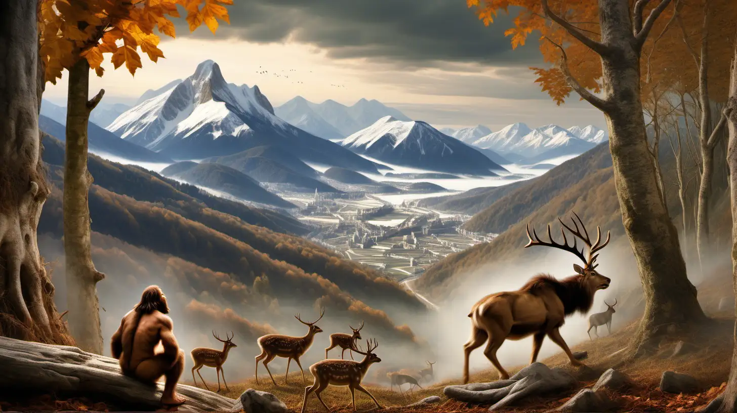 50,000 years ago a Neanderthal is hunting dear in a forest. The Alps can be seen in the distance

