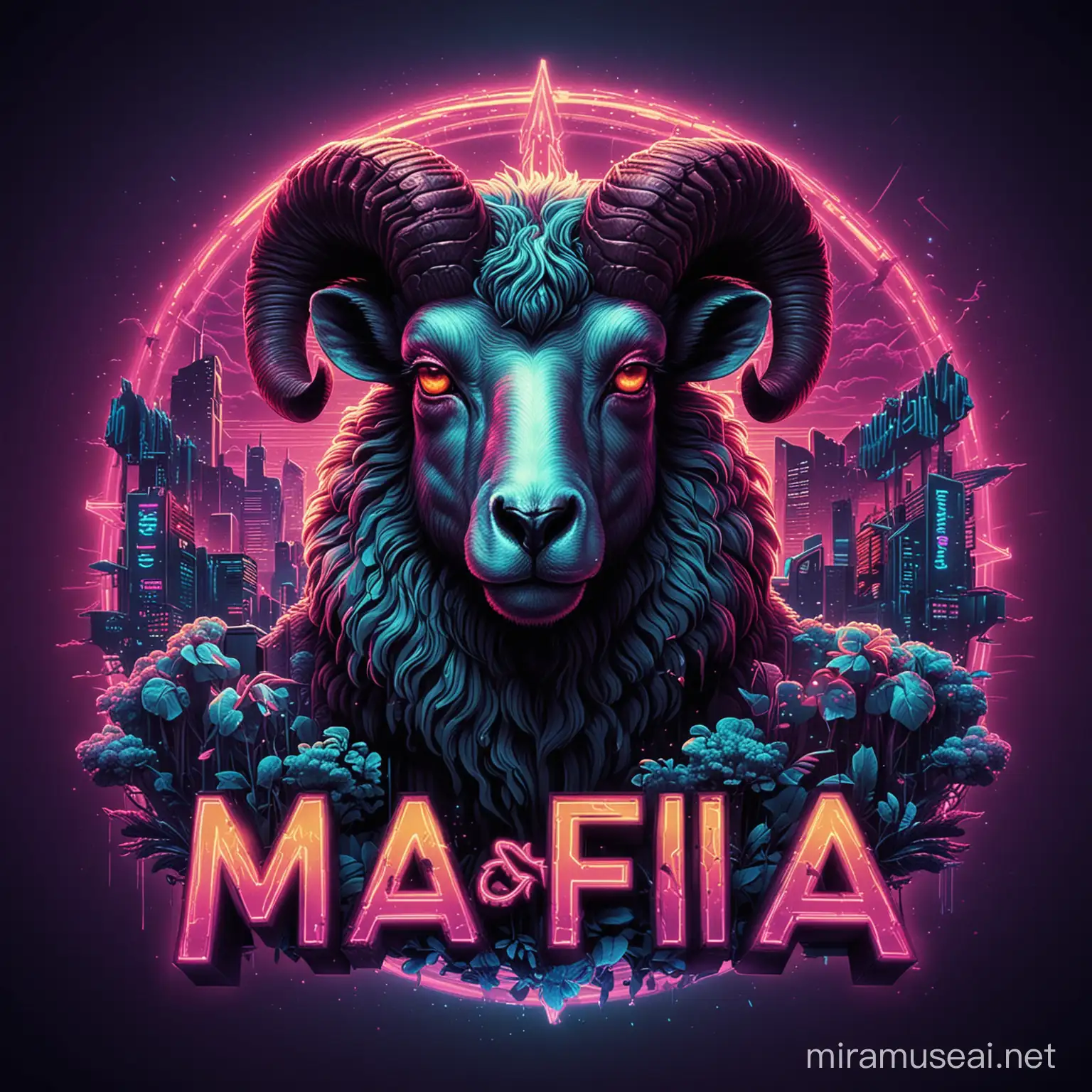 A striking 2D vector design featuring chaos with the bold neon-lit text "Mafia Wedus". The central image is a stylized sheep's head, horned sheep, exuding a sense of unease. The design is rendered in high definition, with intricate details and synthwave colors. The overall effect is a captivating visual experience, merging modern design elements with a sense of urban grit.