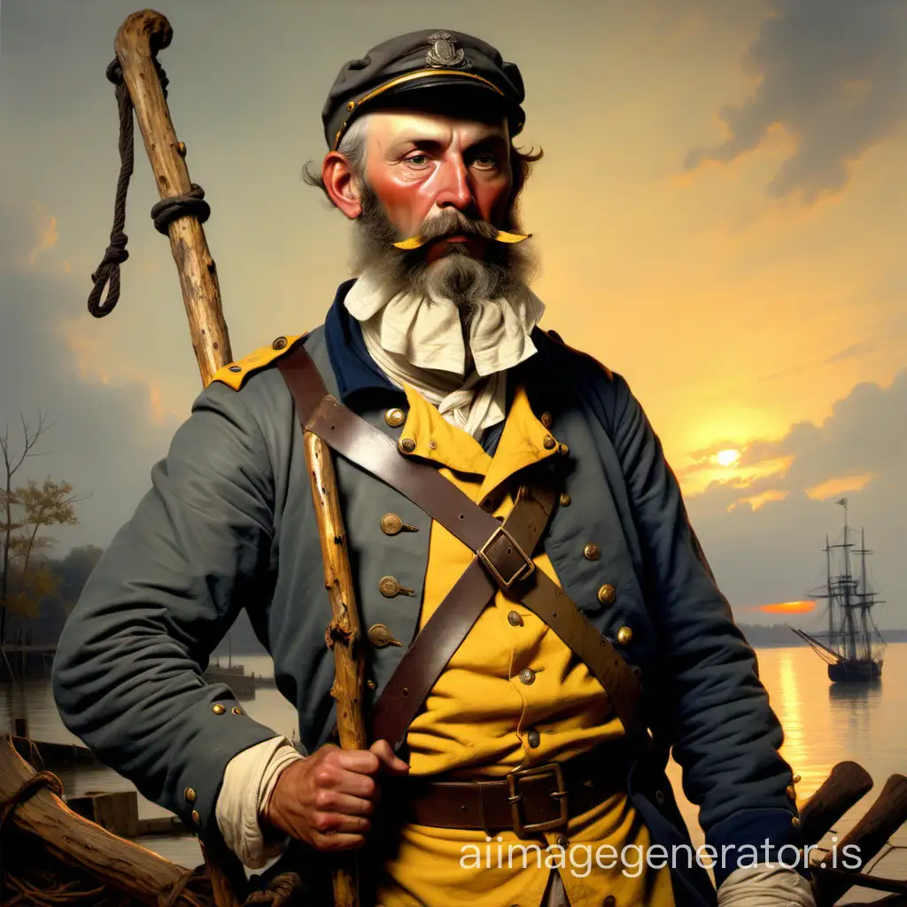 October 1815, sunset, medium height, stocky and robust, in the prime of life, leather visor cap, shirt of thick yellow canvas, fastened at the neck by a small silver anchor, old gray ragged blouse, soldier's sack, in hand a huge gnarled stick, shaved head and long beard.
