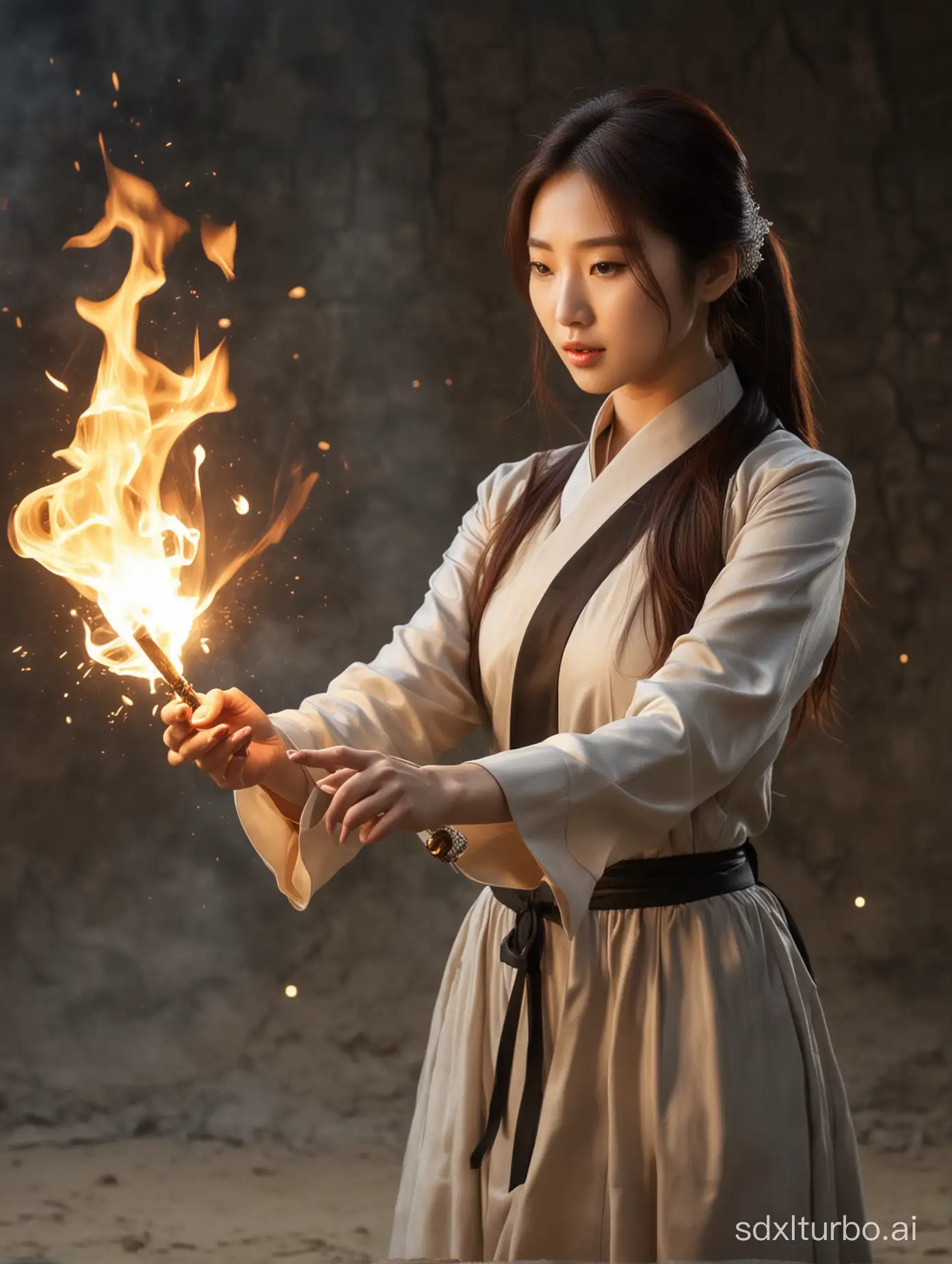 A beautiful Korean woman is casting fire magic