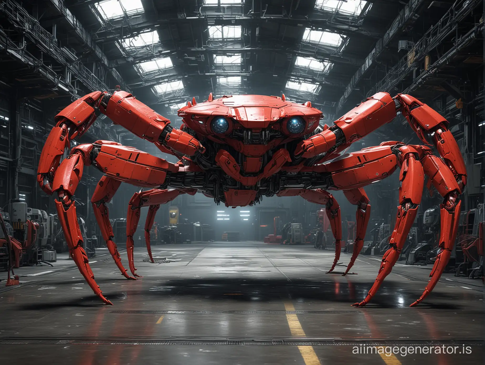 Red cybernetic crab like spaceships in a hanger